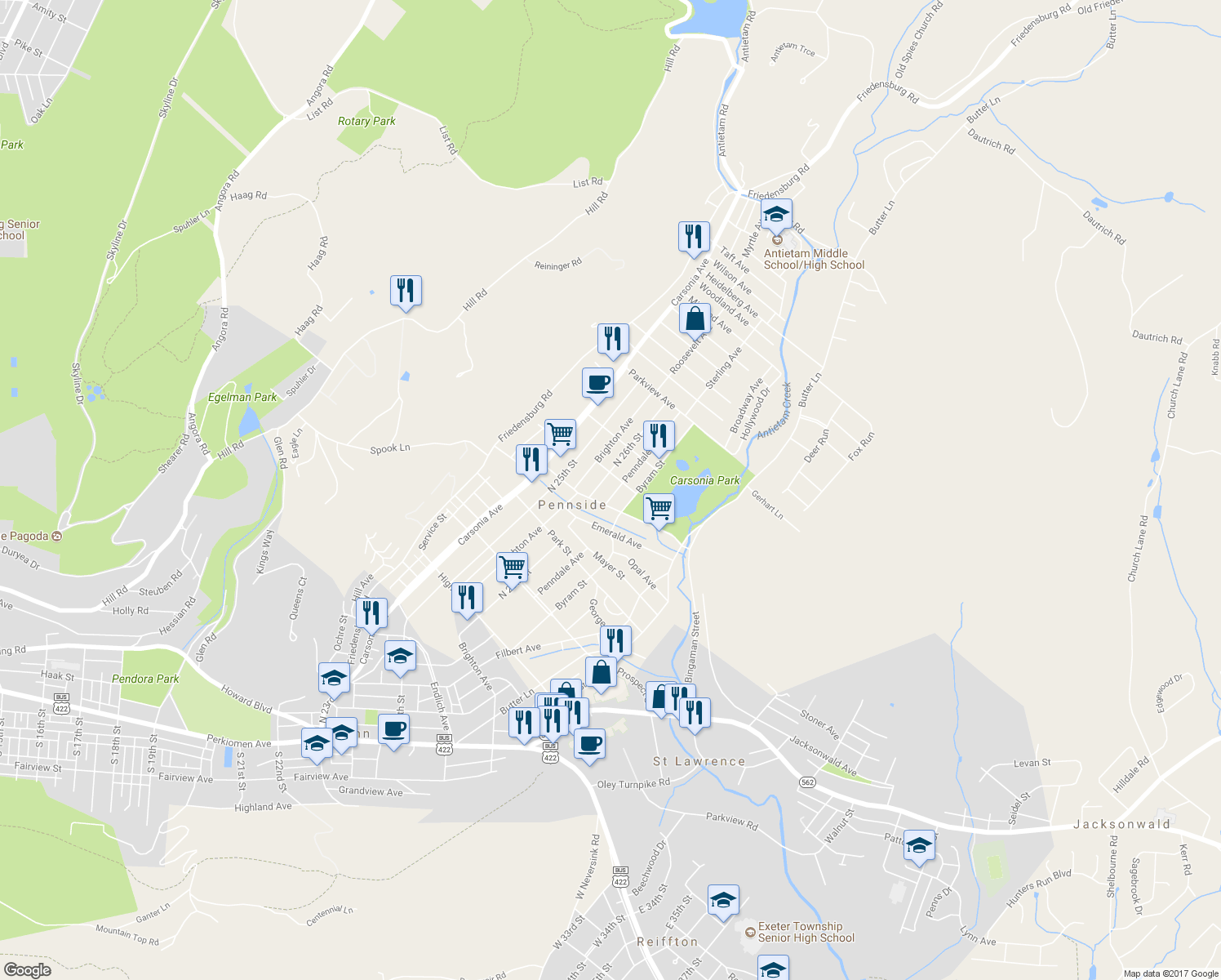 map of restaurants, bars, coffee shops, grocery stores, and more near 804 Penndale Avenue in Reading