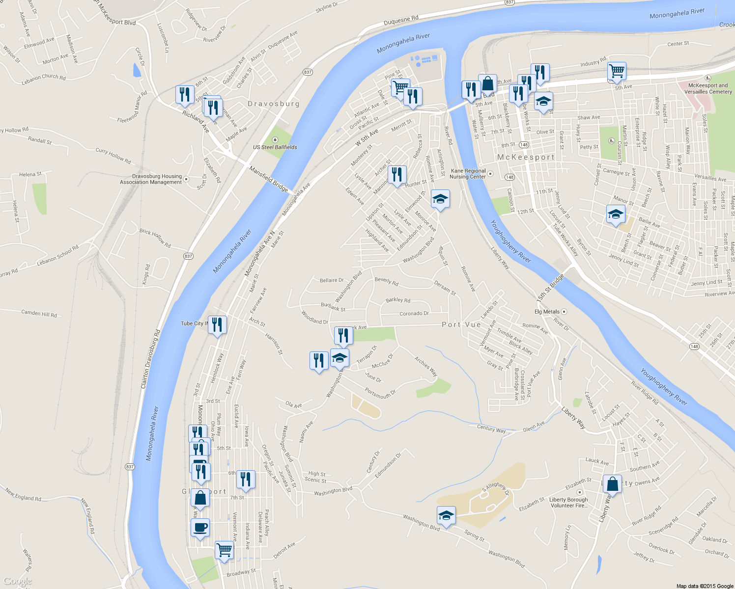 map of restaurants, bars, coffee shops, grocery stores, and more near 1211 Mcclelland Dr in McKeesport