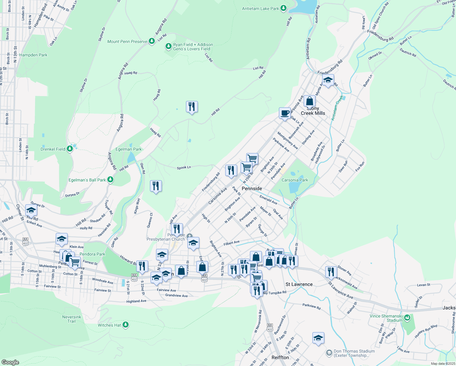 map of restaurants, bars, coffee shops, grocery stores, and more near 710 Carsonia Avenue in Reading