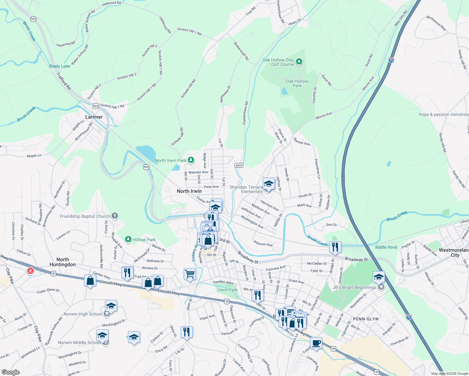 map of restaurants, bars, coffee shops, grocery stores, and more near 1210 Paintertown Road in Irwin