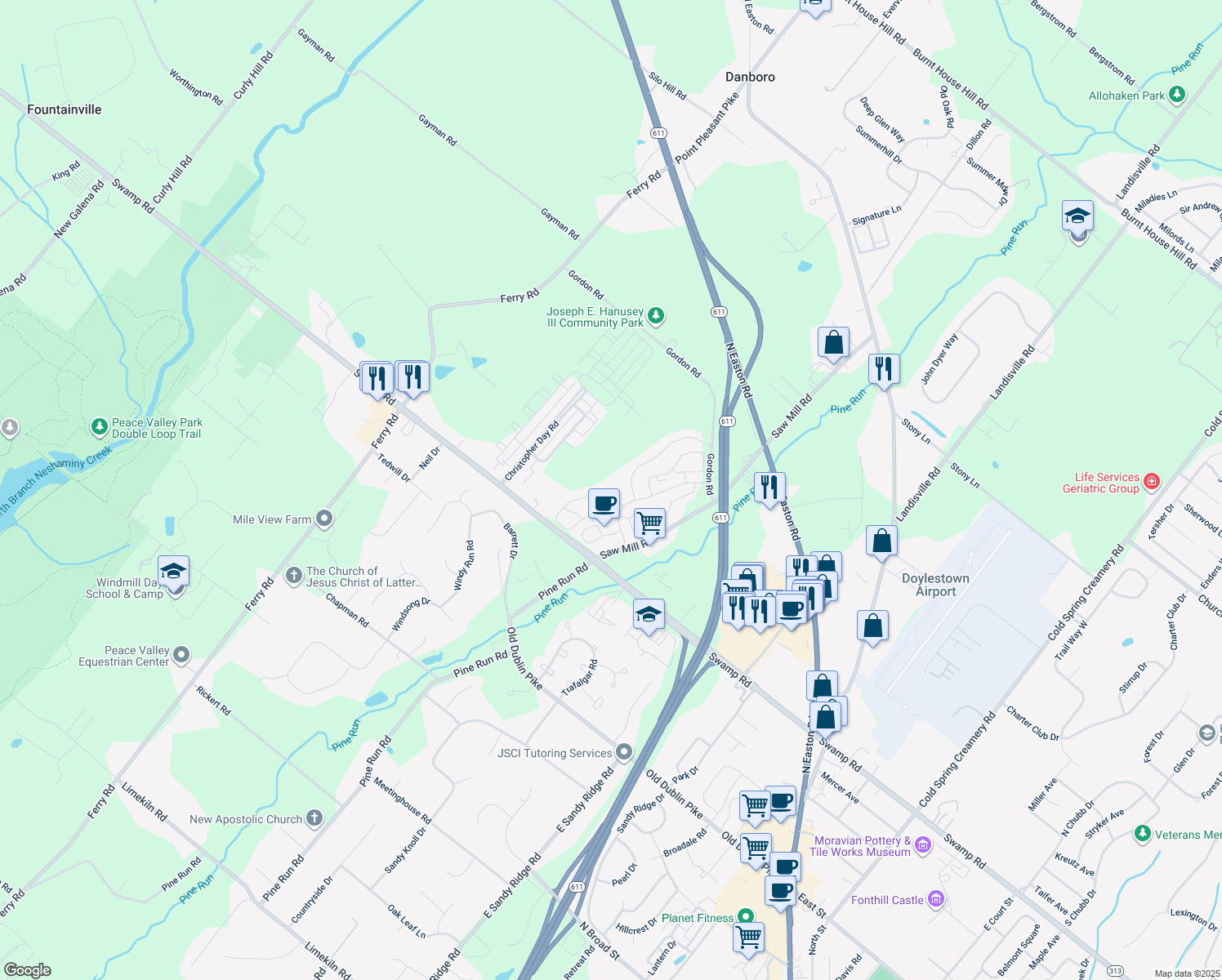 map of restaurants, bars, coffee shops, grocery stores, and more near 4655 Louise Saint Claire Drive in Doylestown