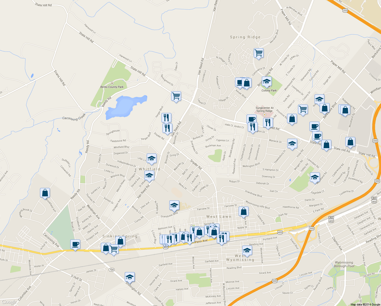 map of restaurants, bars, coffee shops, grocery stores, and more near 823 Carman Drive in Wyomissing