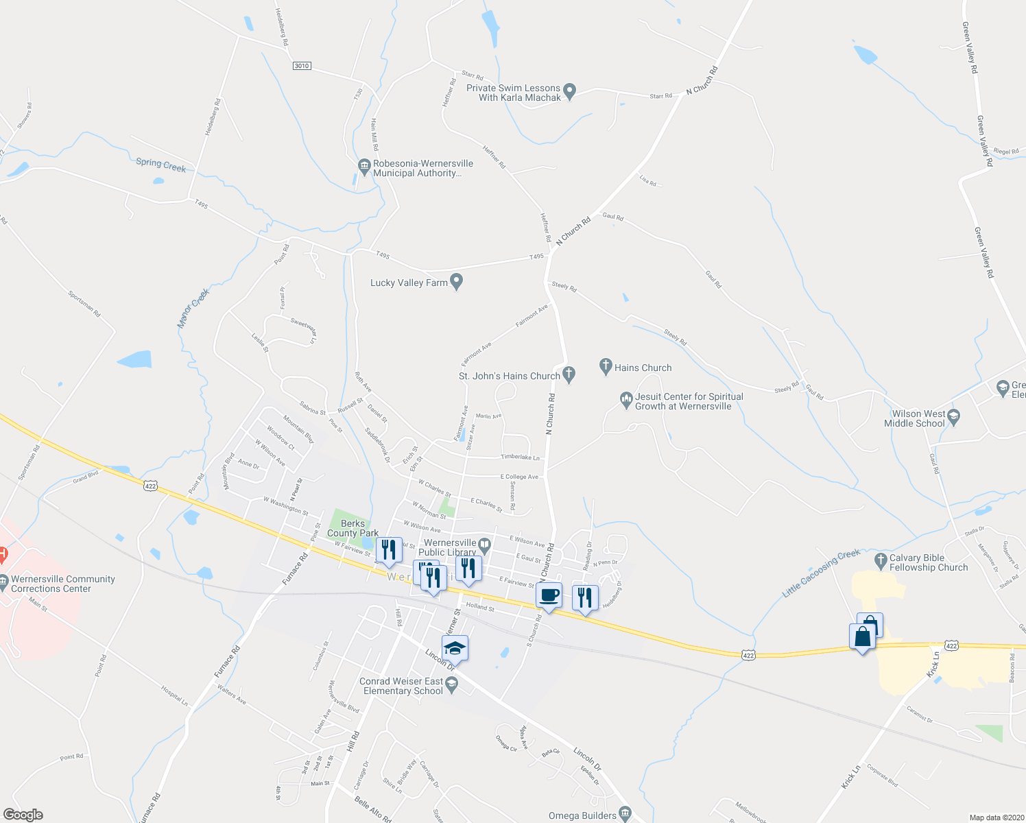 map of restaurants, bars, coffee shops, grocery stores, and more near 901 Baywood Avenue in Wernersville