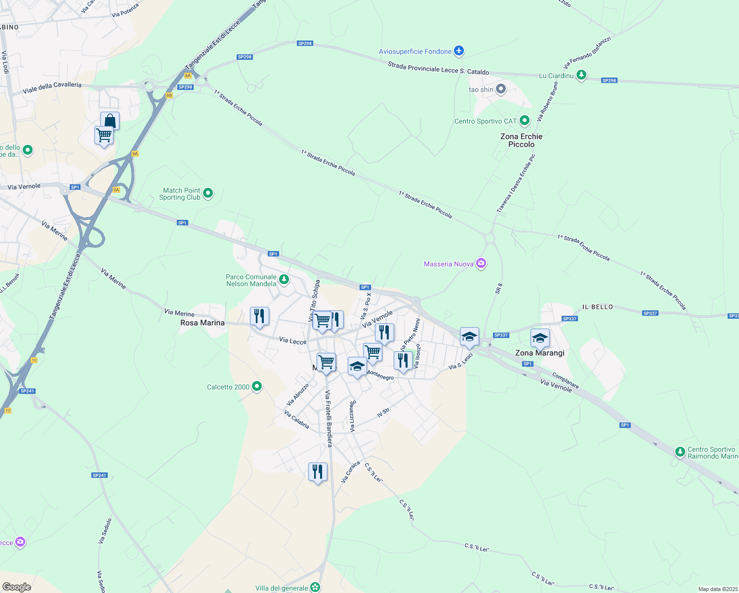 map of restaurants, bars, coffee shops, grocery stores, and more near 26 Via San Pio X in Merine