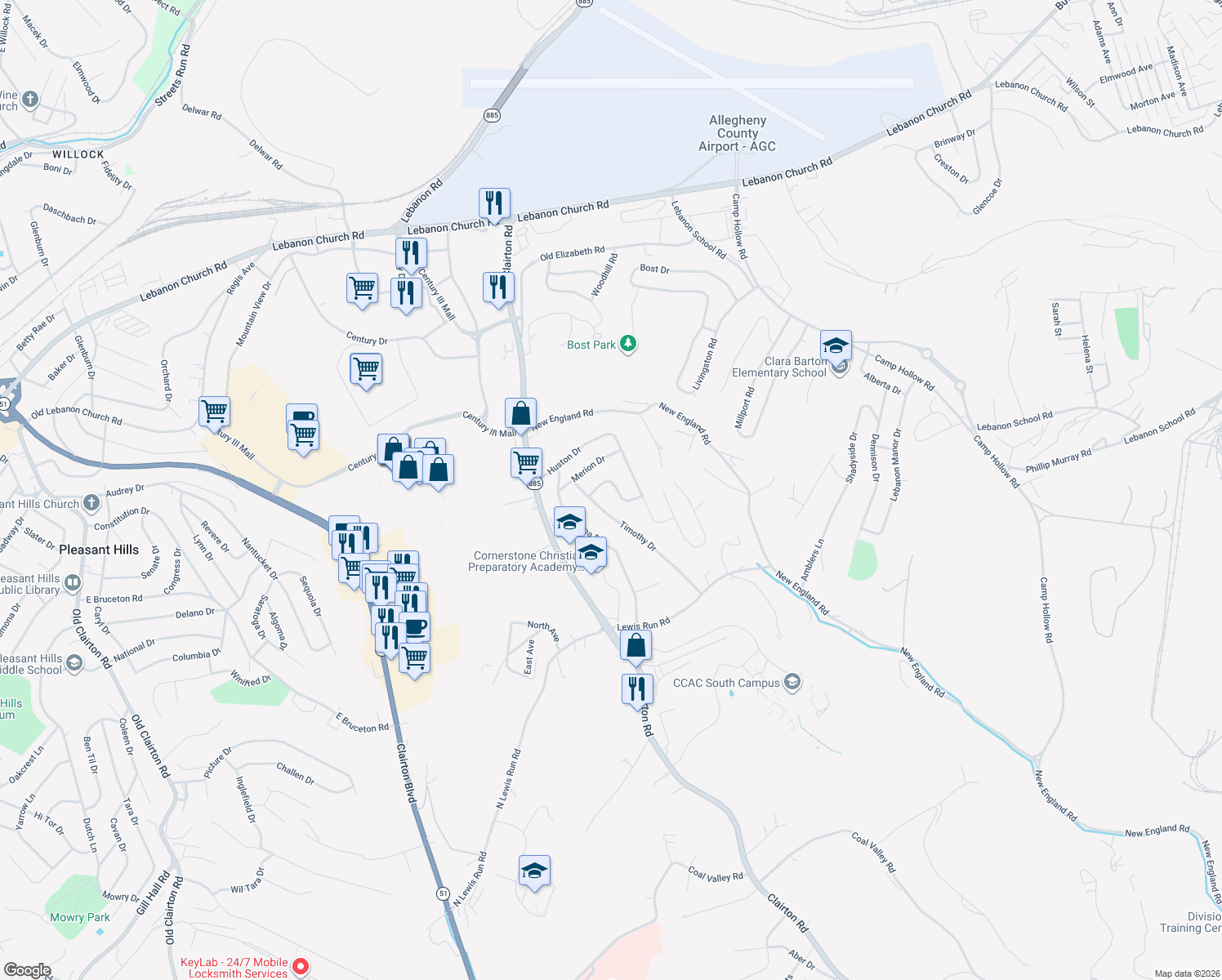 map of restaurants, bars, coffee shops, grocery stores, and more near 1032 Kentucky Blue Dr in West Mifflin