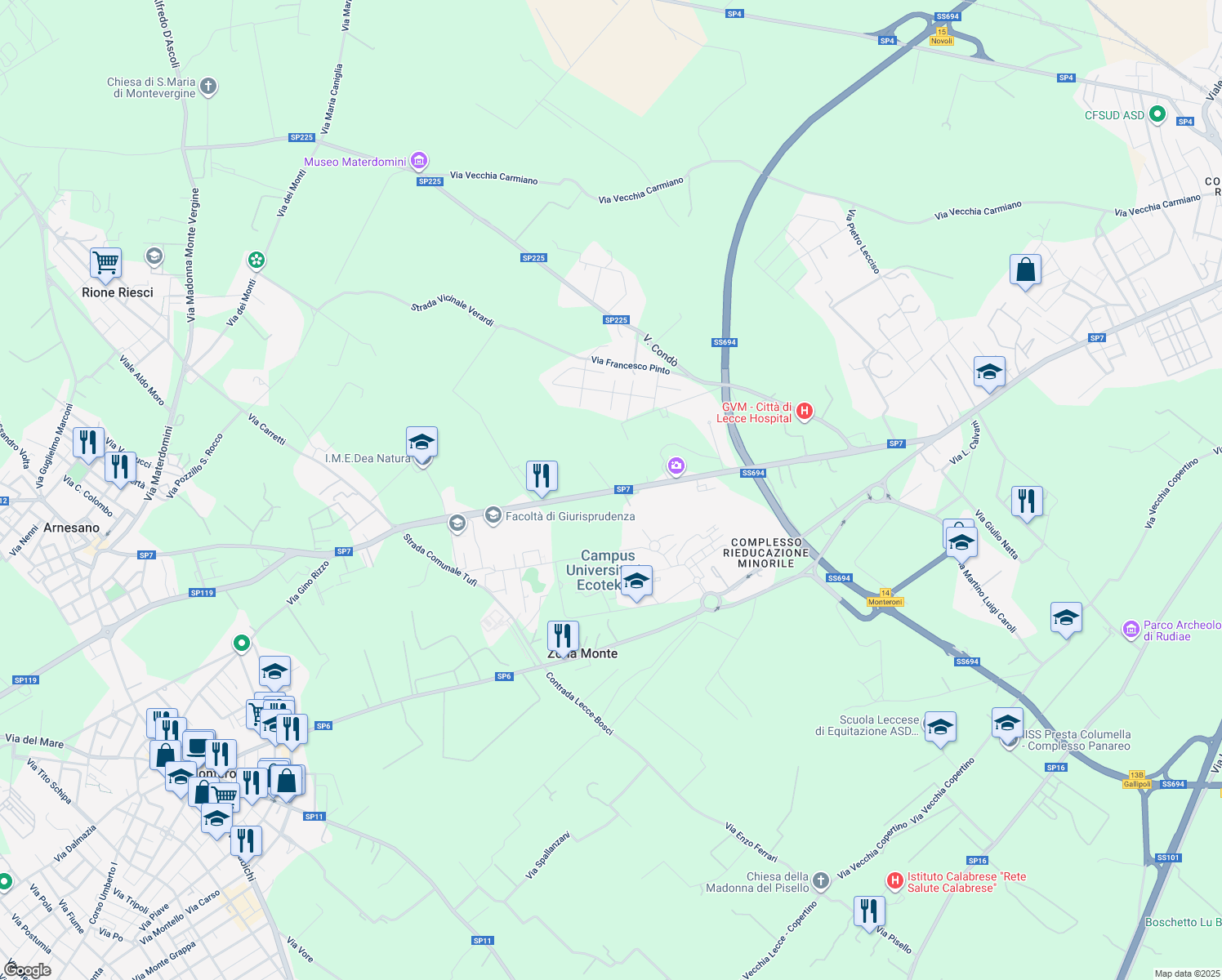 map of restaurants, bars, coffee shops, grocery stores, and more near 33 Via Per Arnesano in Provincia di Lecce