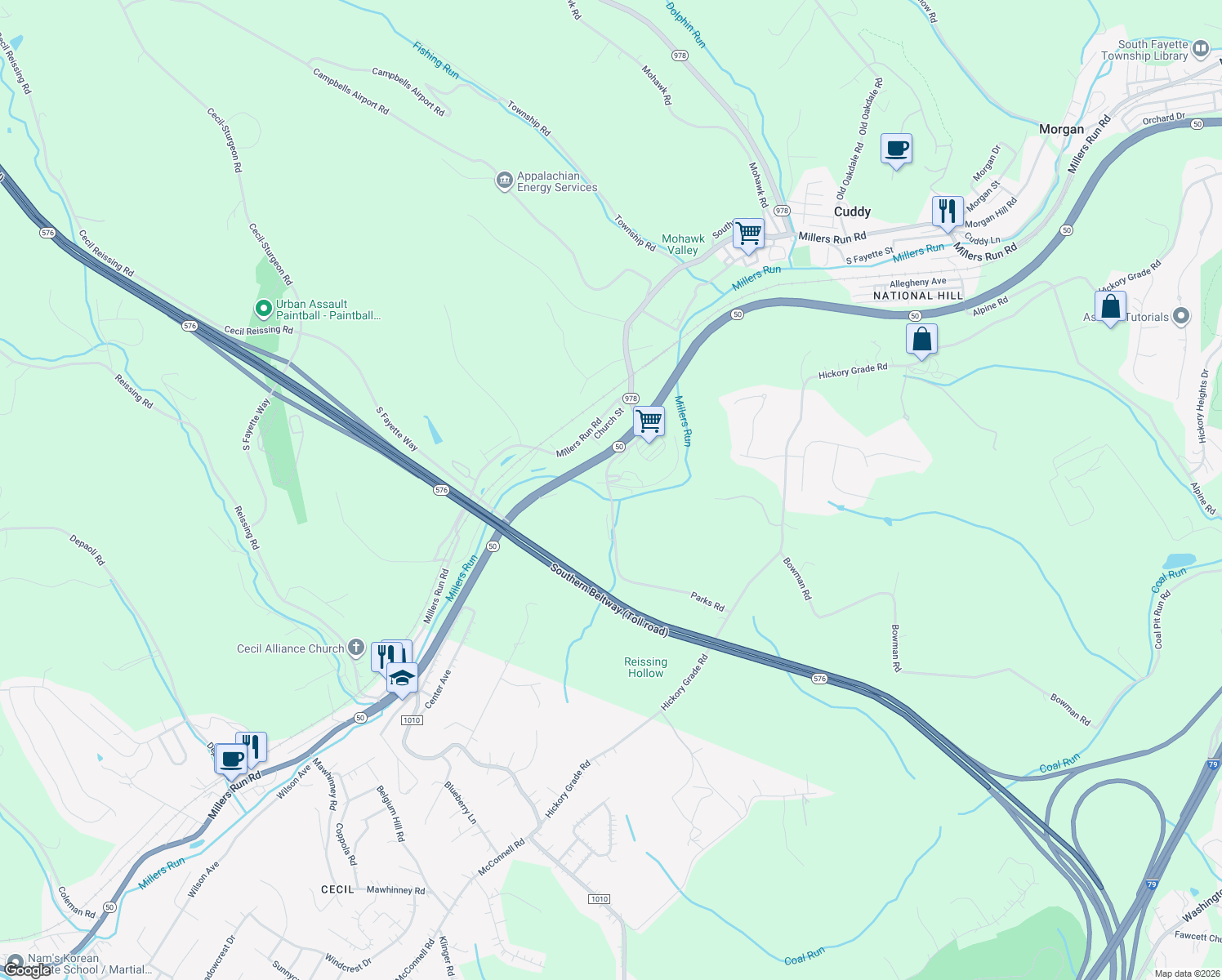 map of restaurants, bars, coffee shops, grocery stores, and more near 206 Railroad Street in Bridgeville