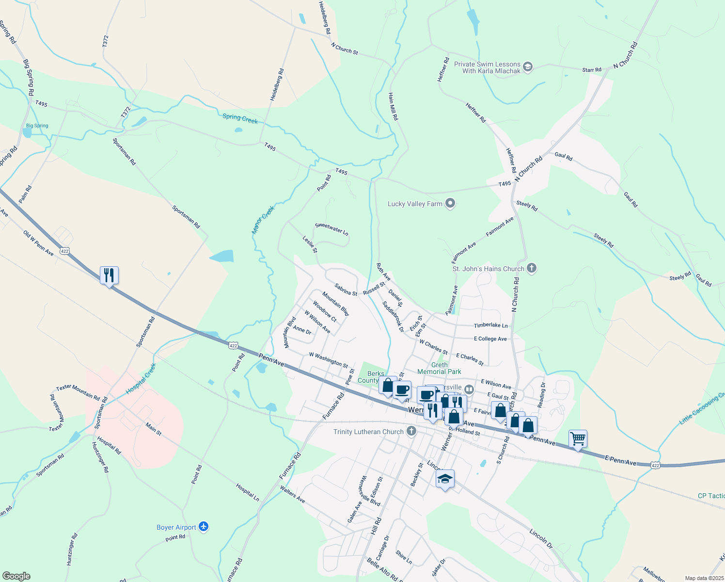 map of restaurants, bars, coffee shops, grocery stores, and more near 420 Russell Street in Wernersville