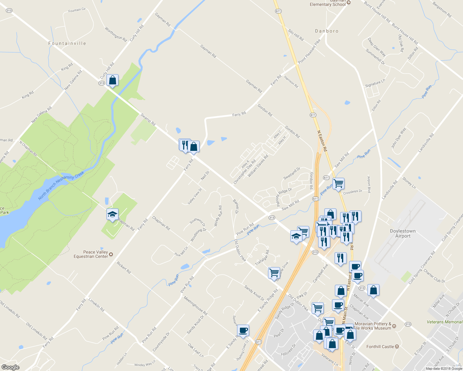 map of restaurants, bars, coffee shops, grocery stores, and more near 530 Swamp Road in Doylestown