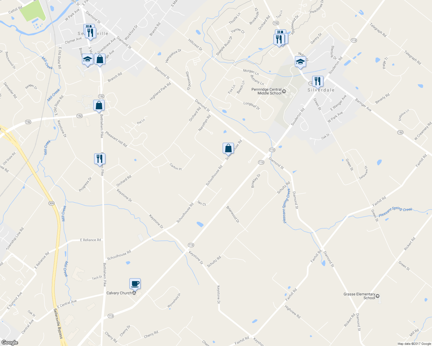 map of restaurants, bars, coffee shops, grocery stores, and more near 215 Schoolhouse Road in Sellersville
