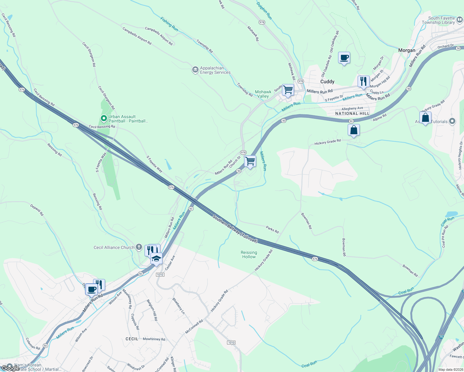 map of restaurants, bars, coffee shops, grocery stores, and more near 206 Railroad Street in Bridgeville