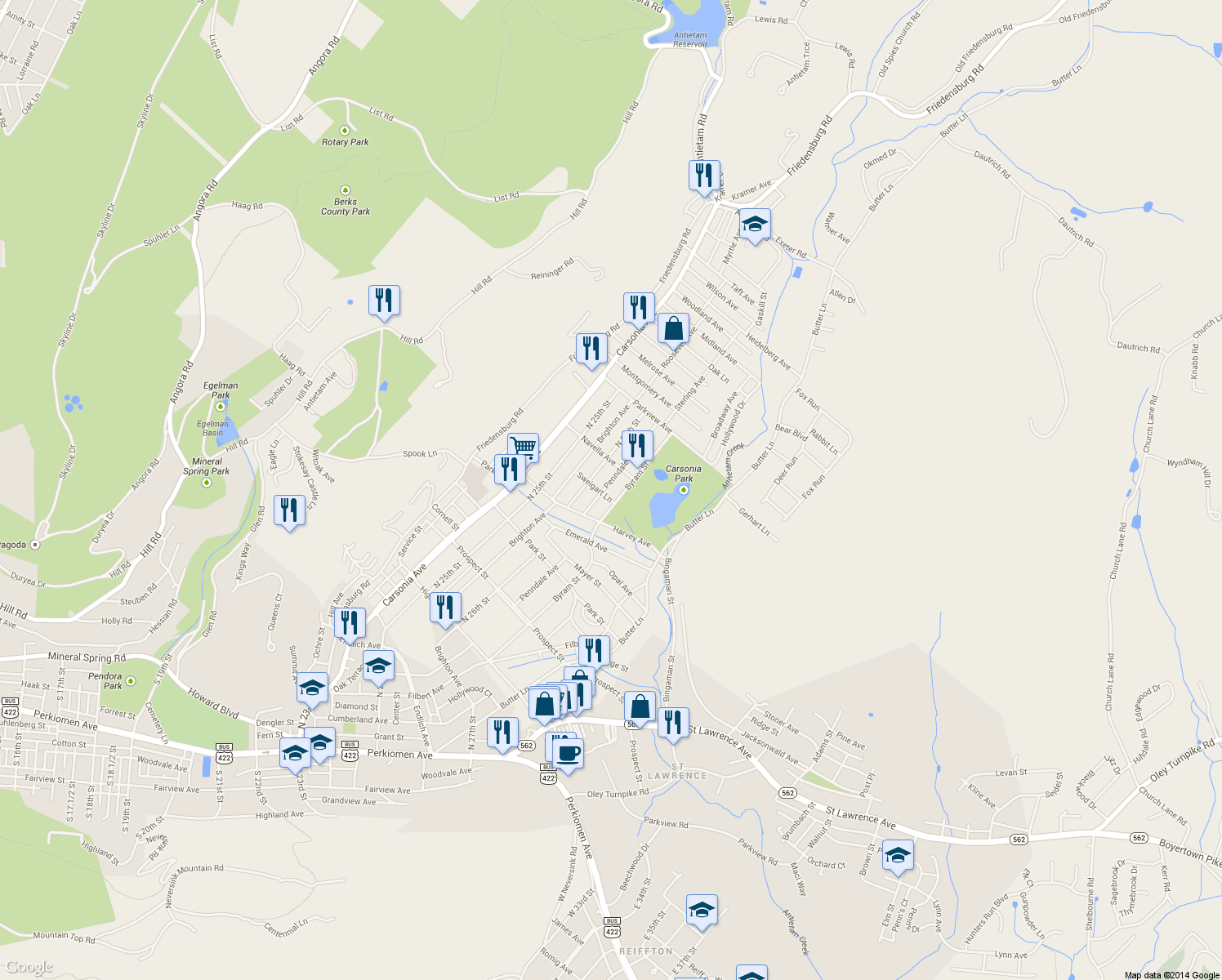 map of restaurants, bars, coffee shops, grocery stores, and more near 815 Penndale Avenue in Reading