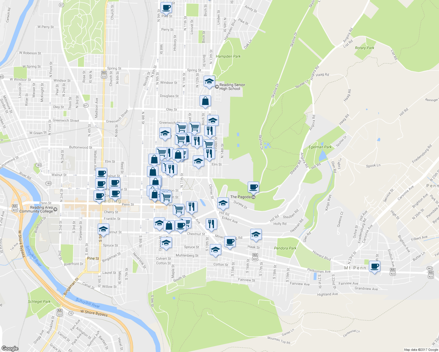 map of restaurants, bars, coffee shops, grocery stores, and more near 1355 Walnut Street in Reading