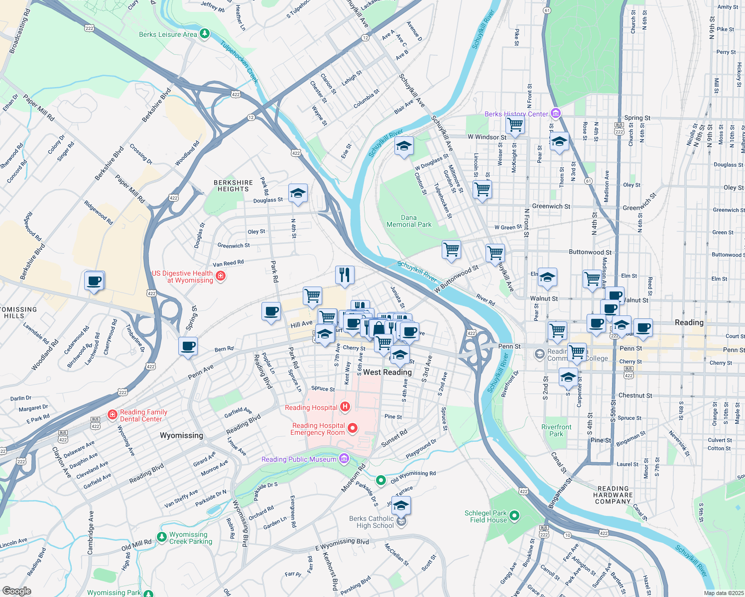 map of restaurants, bars, coffee shops, grocery stores, and more near 200 Tulpehocken Avenue in West Reading