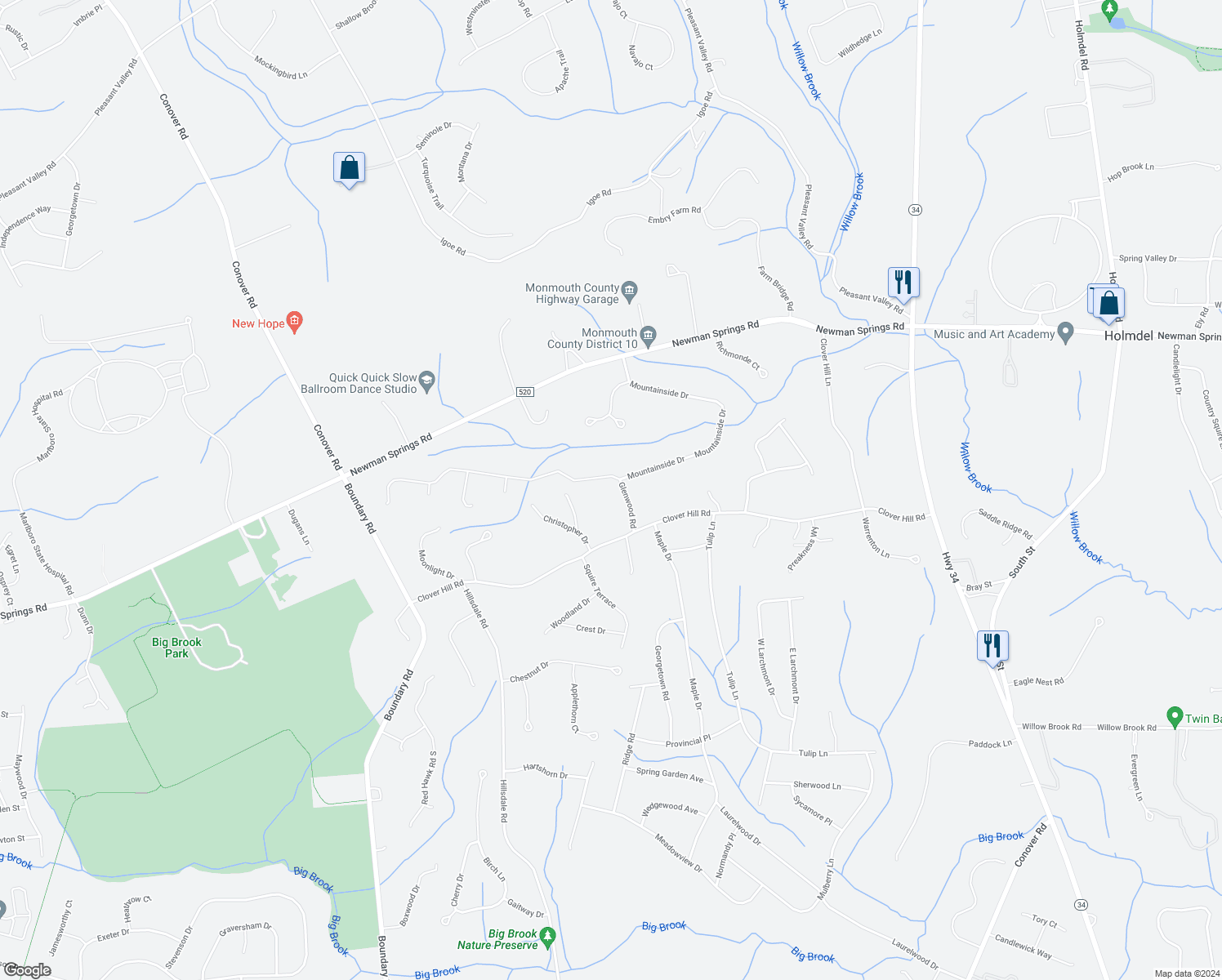 map of restaurants, bars, coffee shops, grocery stores, and more near 13 Glenwood Road in Monmouth County