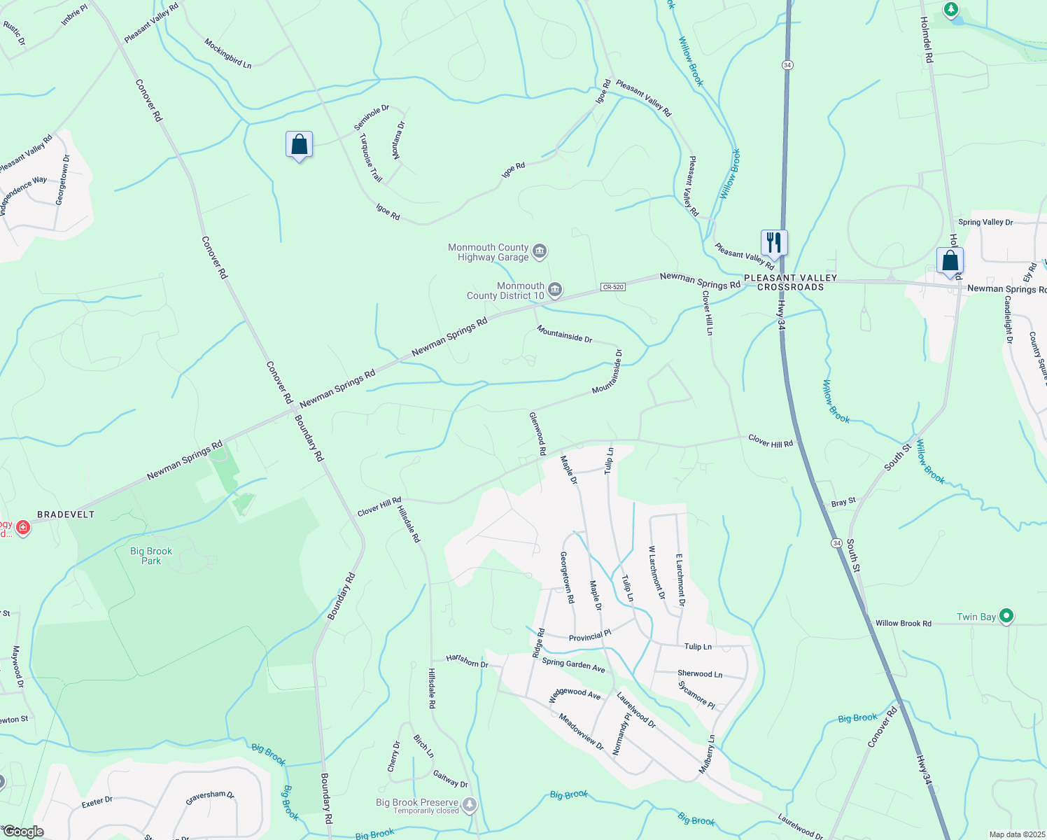 map of restaurants, bars, coffee shops, grocery stores, and more near 13 Glenwood Road in Monmouth County
