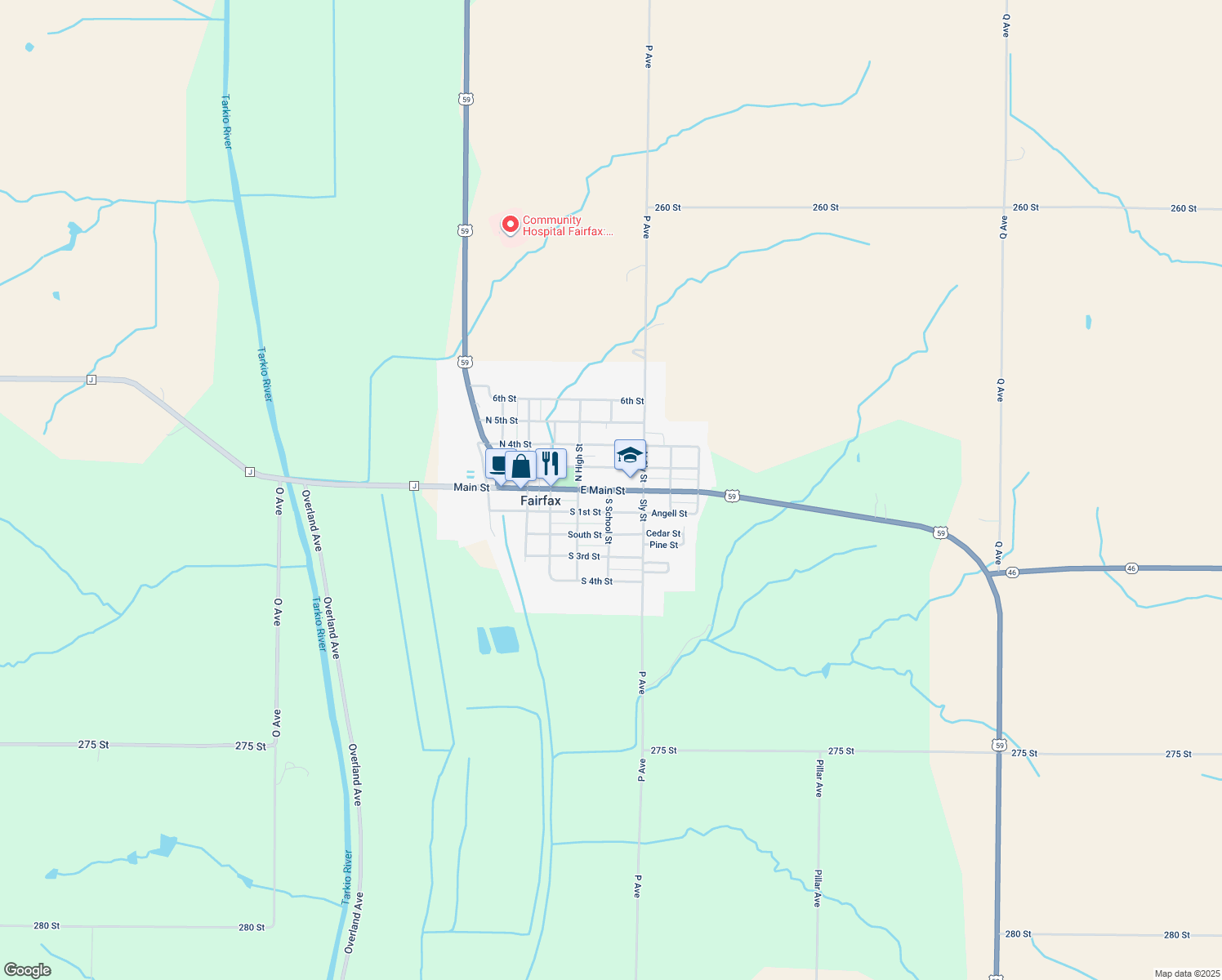 map of restaurants, bars, coffee shops, grocery stores, and more near 500 E Main St in Fairfax