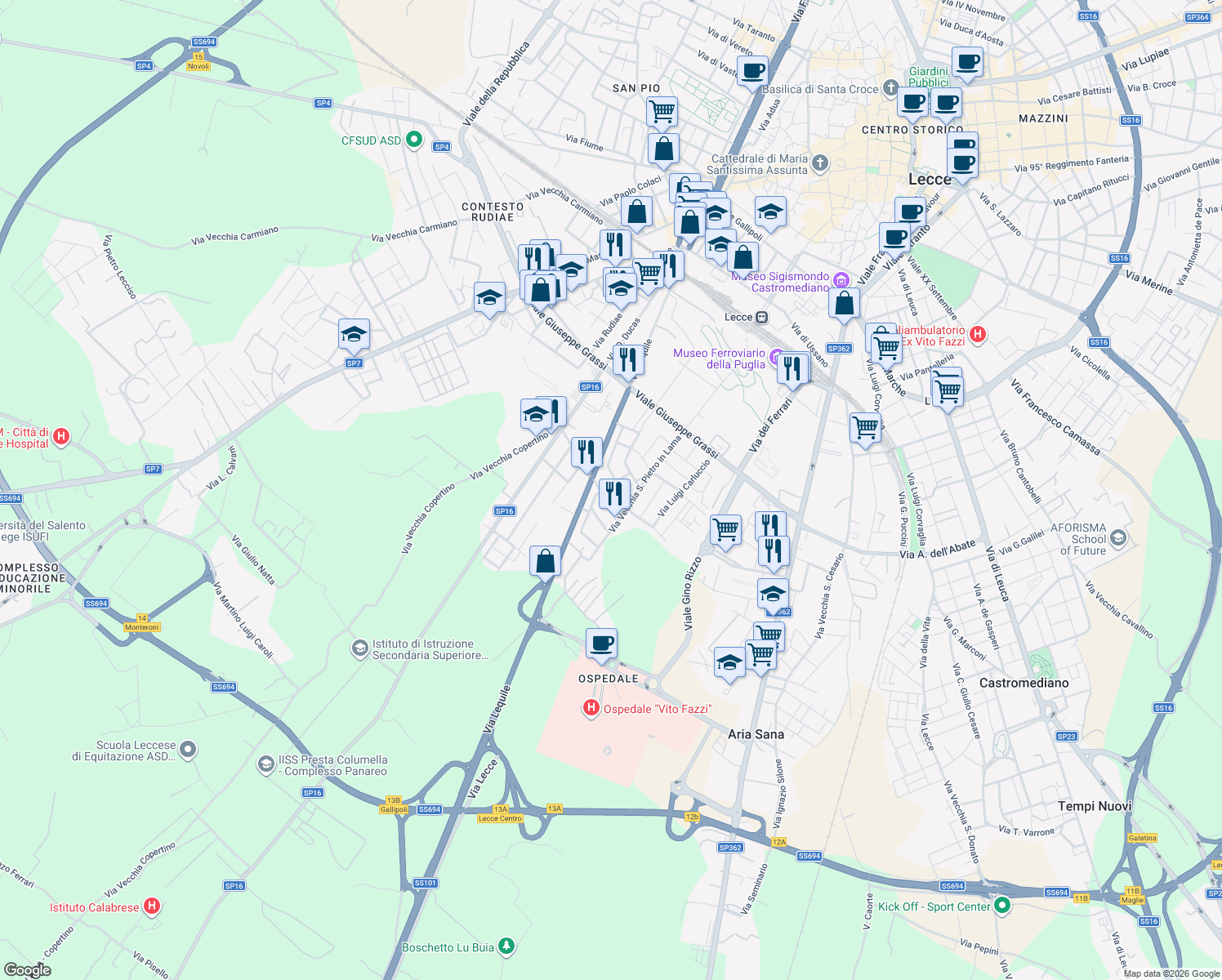 map of restaurants, bars, coffee shops, grocery stores, and more near 11 Via Salvo D'Acquisto in Lecce