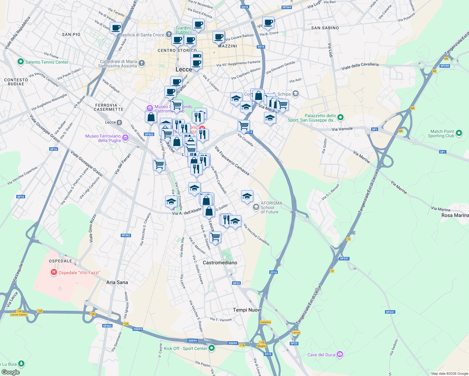 map of restaurants, bars, coffee shops, grocery stores, and more near 19 Via Luigi Mariano in Lecce