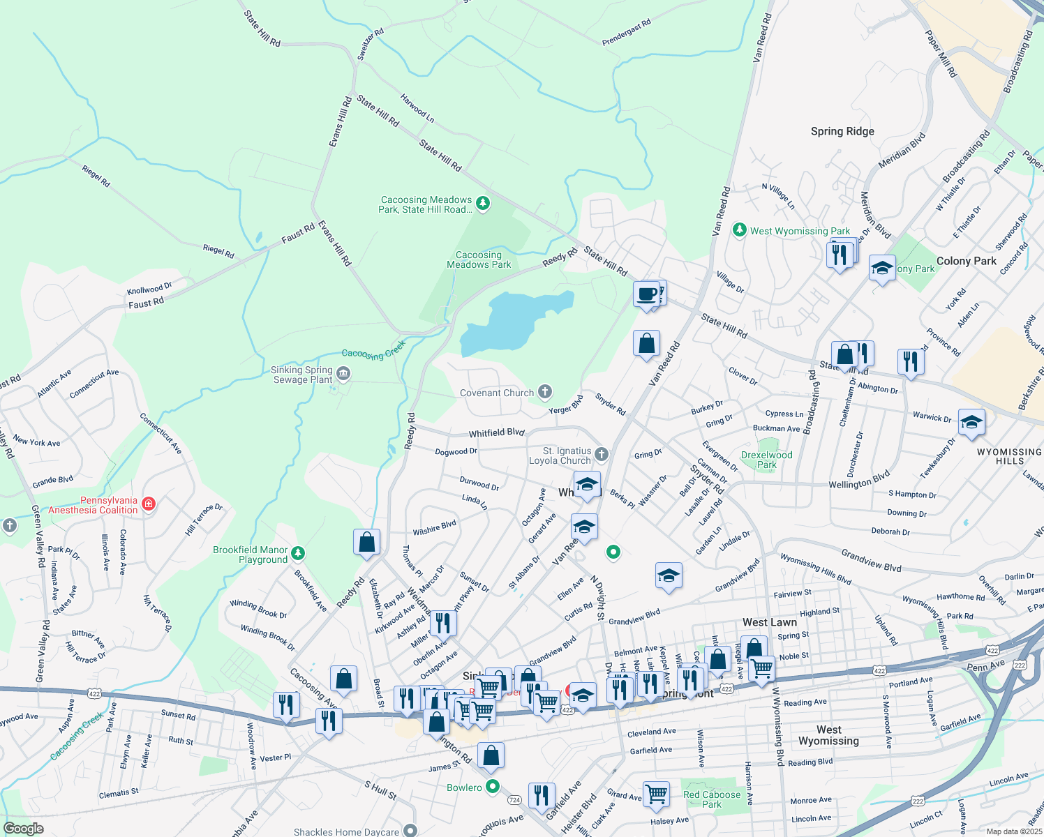 map of restaurants, bars, coffee shops, grocery stores, and more near 1300 Fieldstone Road in Sinking Spring