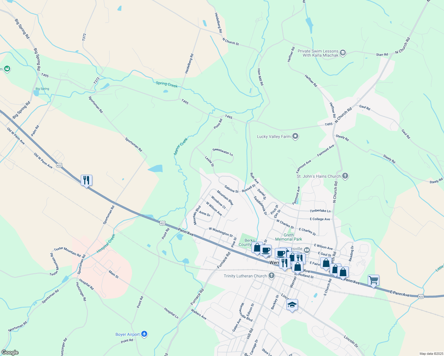 map of restaurants, bars, coffee shops, grocery stores, and more near 45 Sabrina Street in Wernersville