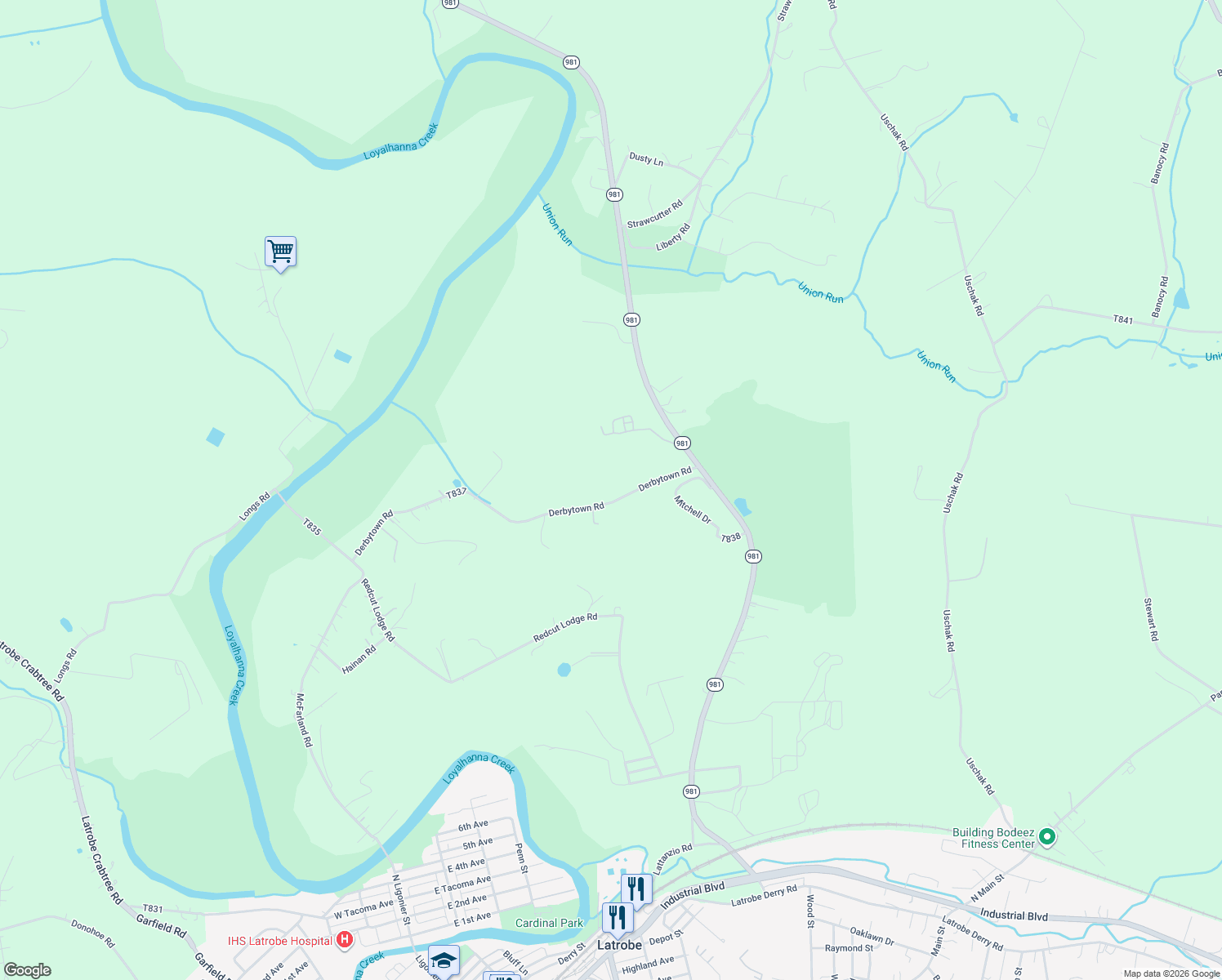 map of restaurants, bars, coffee shops, grocery stores, and more near 269 Derbytown Road in Latrobe