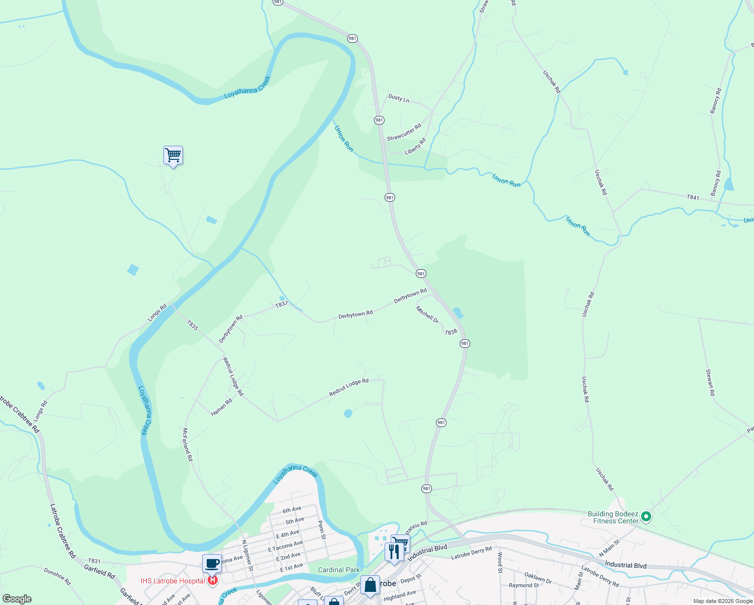 map of restaurants, bars, coffee shops, grocery stores, and more near 269 Derbytown Road in Latrobe