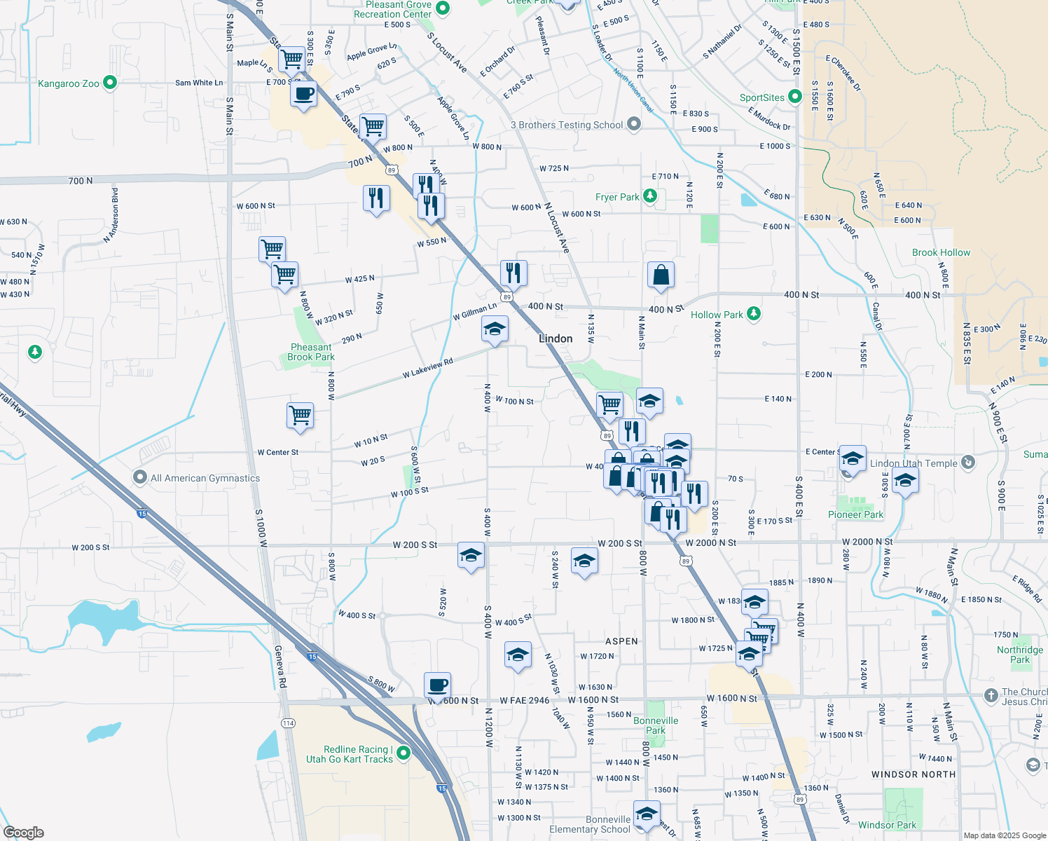 map of restaurants, bars, coffee shops, grocery stores, and more near 330 W 60 N in Lindon