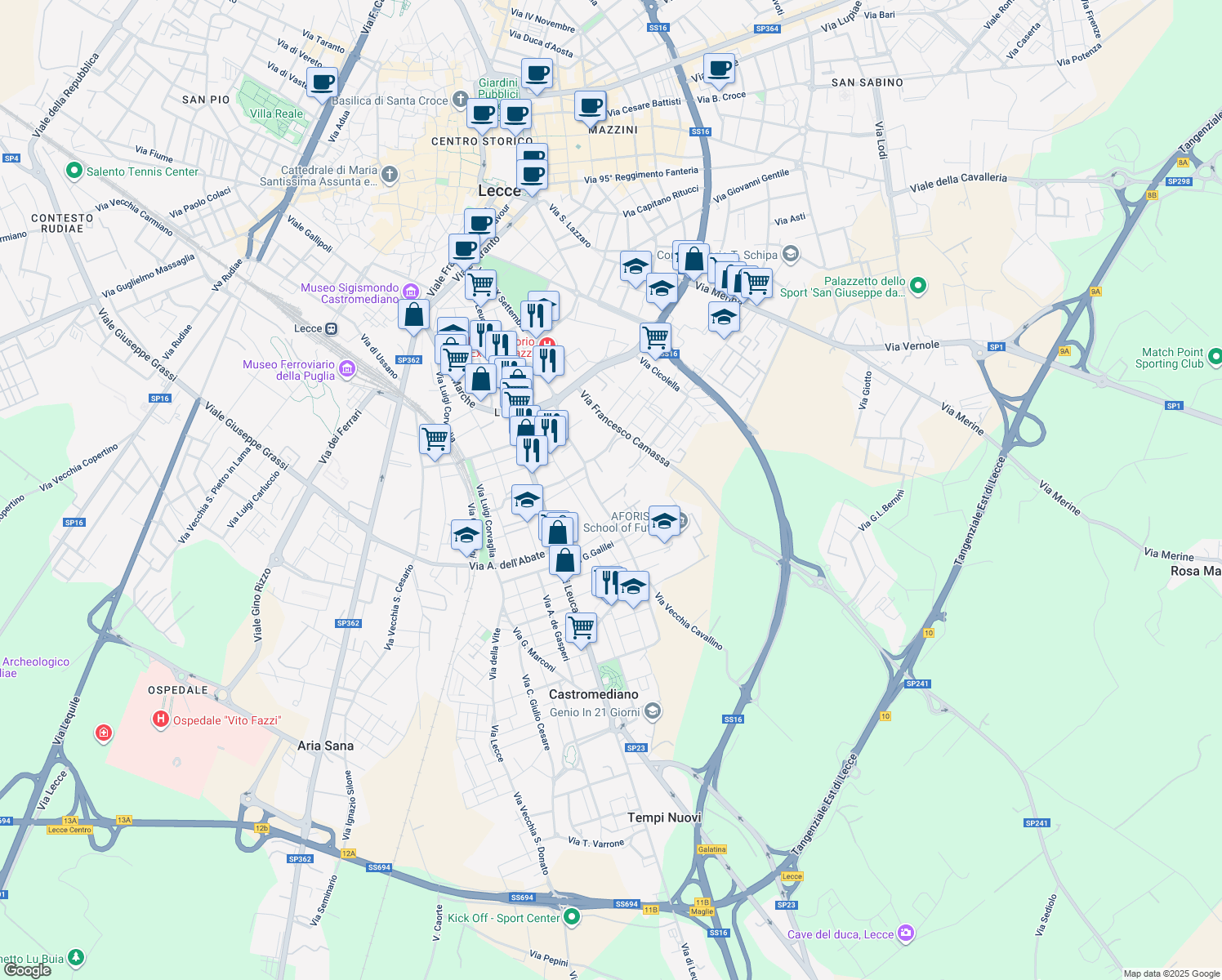 map of restaurants, bars, coffee shops, grocery stores, and more near Via Romagna in Lecce