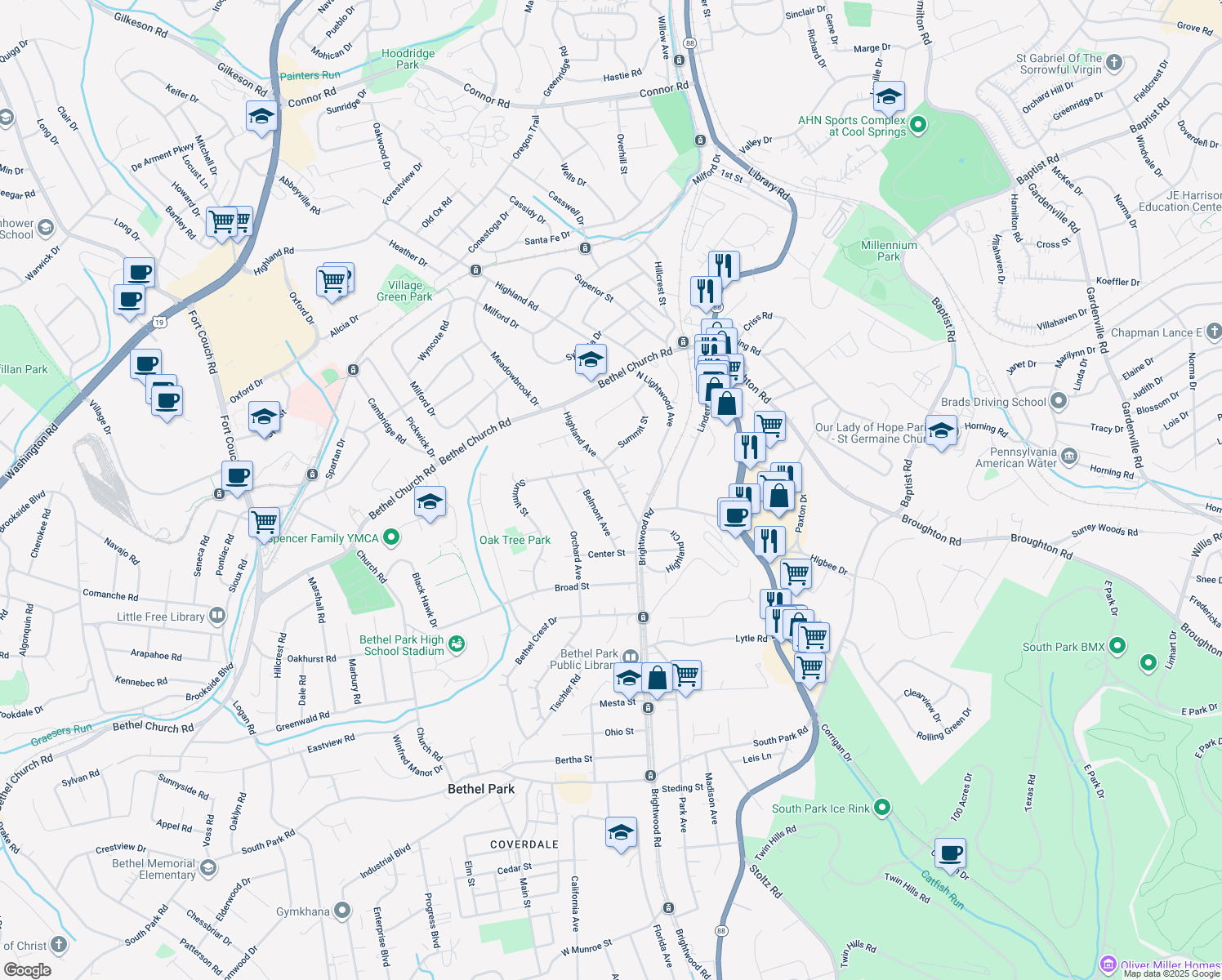 map of restaurants, bars, coffee shops, grocery stores, and more near 5008 Highland Ave in Bethel Park