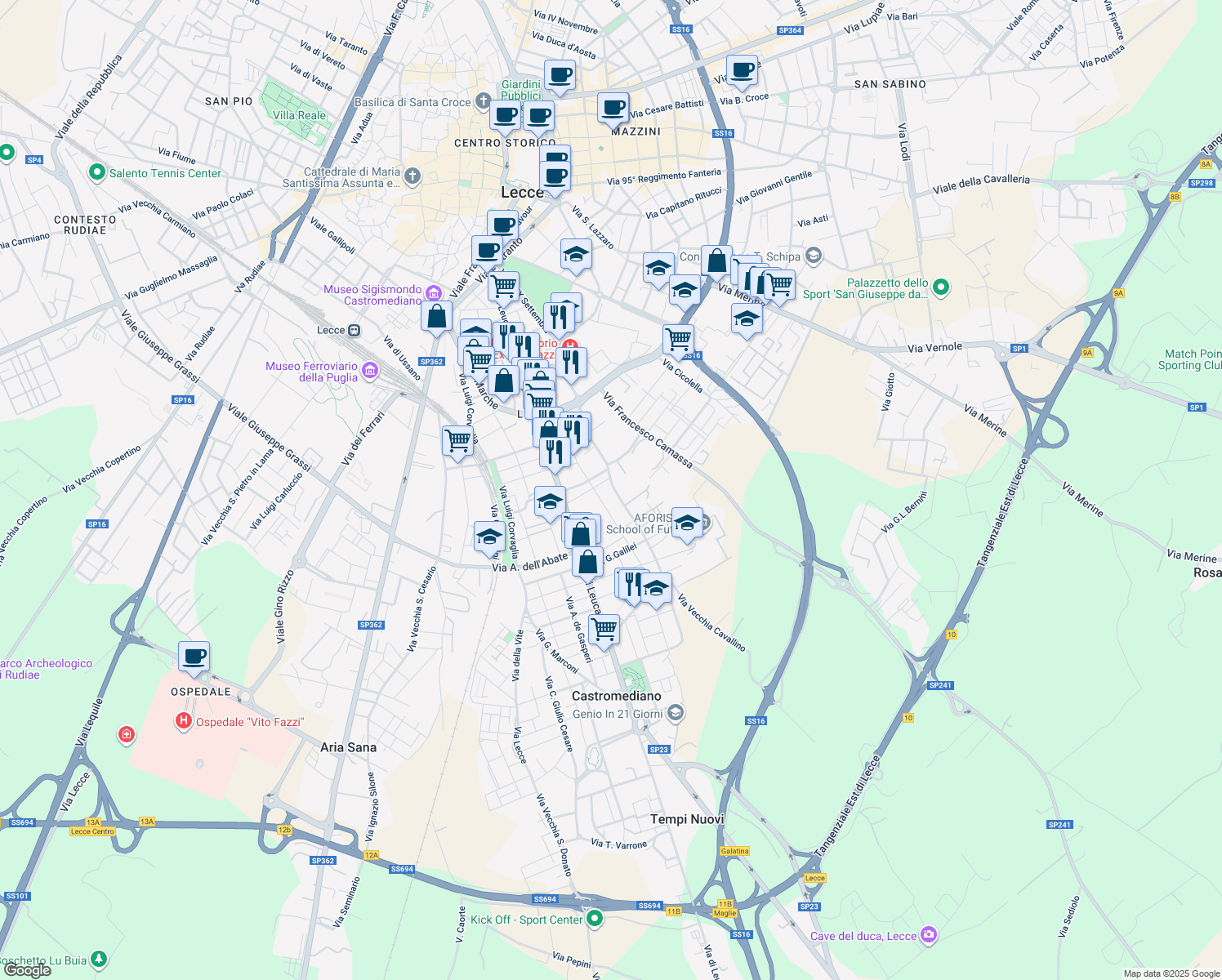 map of restaurants, bars, coffee shops, grocery stores, and more near 65 Via Bruno Cantobelli in Lecce