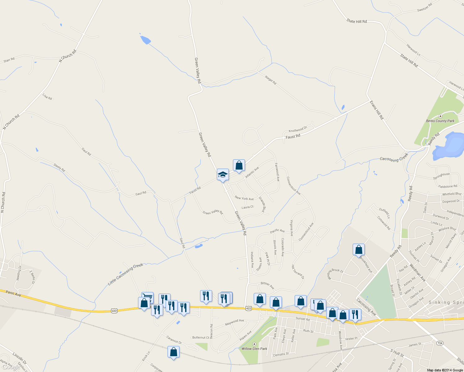 map of restaurants, bars, coffee shops, grocery stores, and more near 106 New York Avenue in Sinking Spring