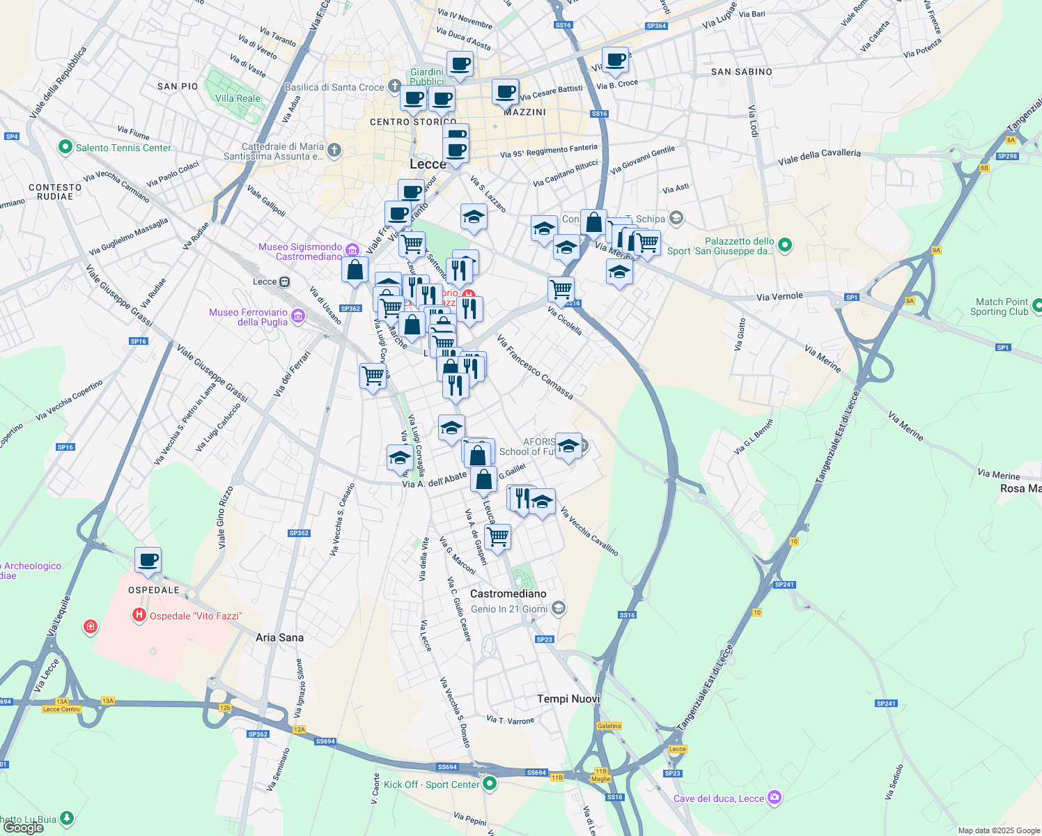 map of restaurants, bars, coffee shops, grocery stores, and more near 65 Via Bruno Cantobelli in Lecce