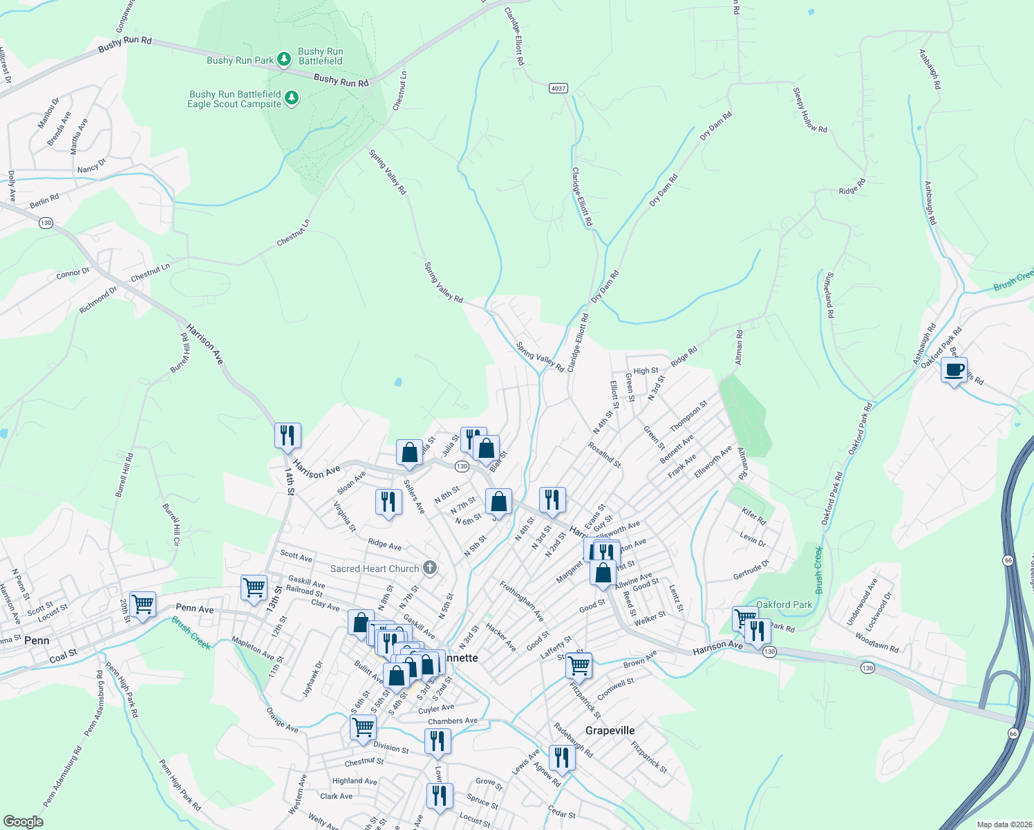 map of restaurants, bars, coffee shops, grocery stores, and more near 911 Blair St in Jeannette