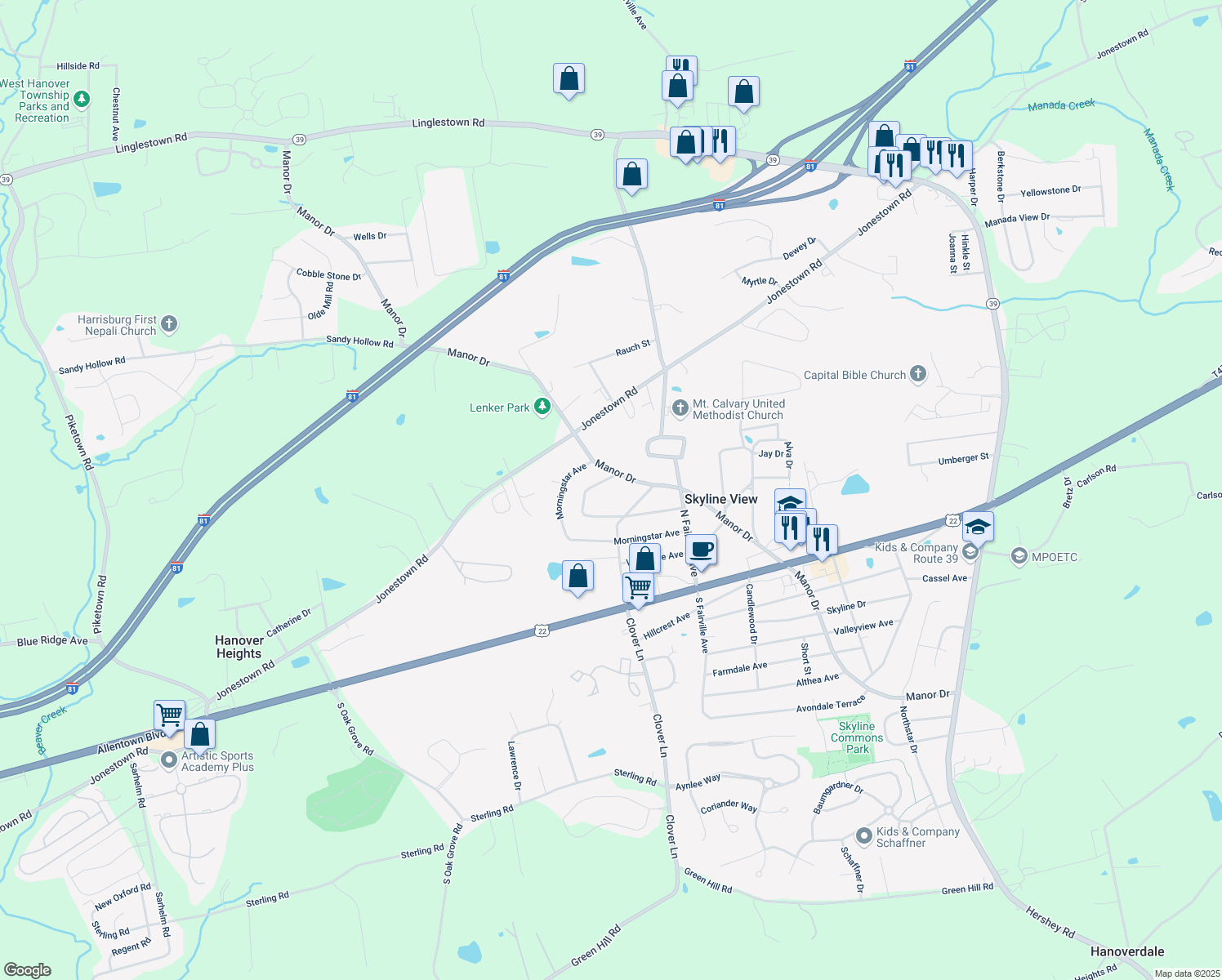 map of restaurants, bars, coffee shops, grocery stores, and more near 7548 Lakeside Ave in Harrisburg