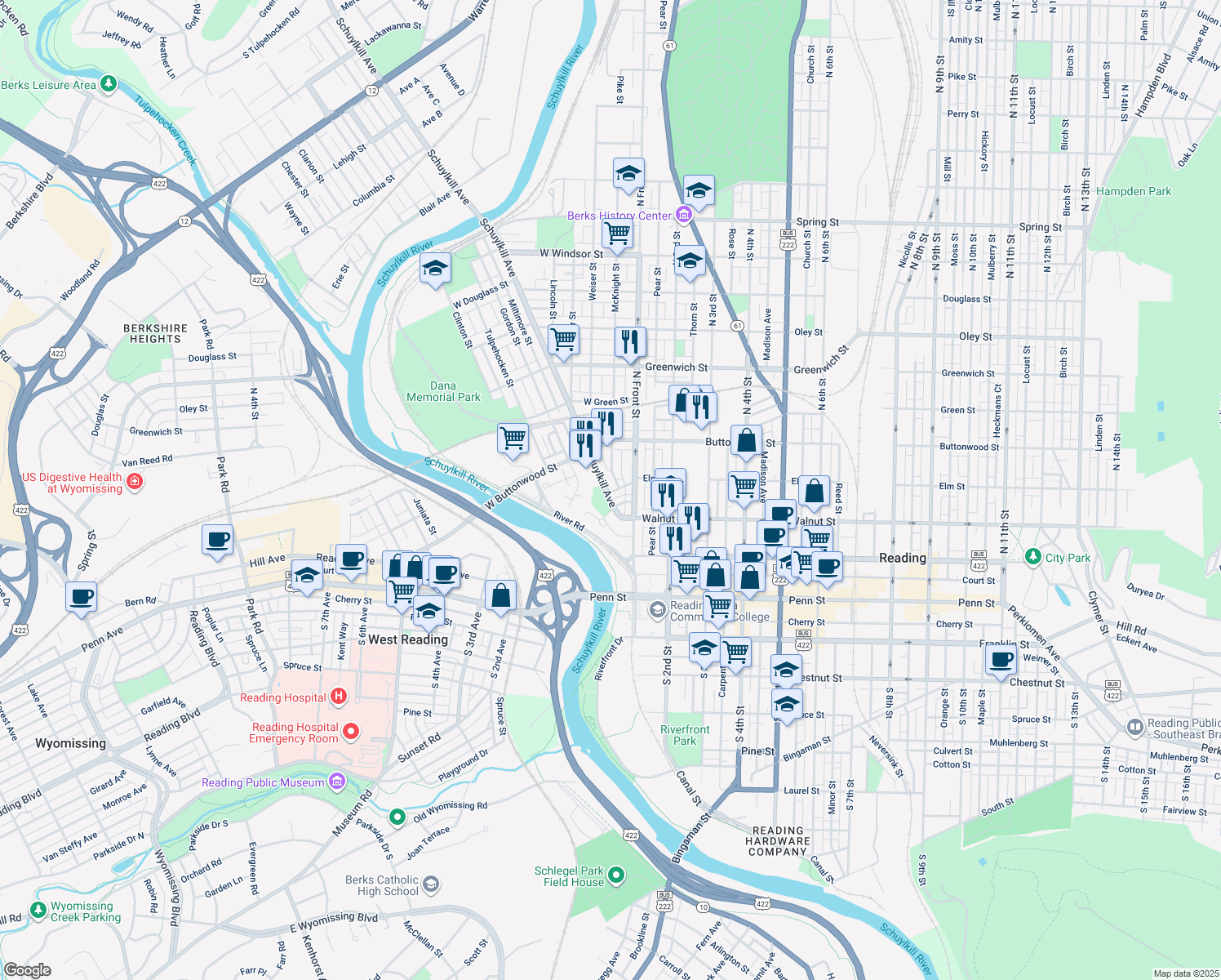 map of restaurants, bars, coffee shops, grocery stores, and more near 303 Schuylkill Avenue in Reading