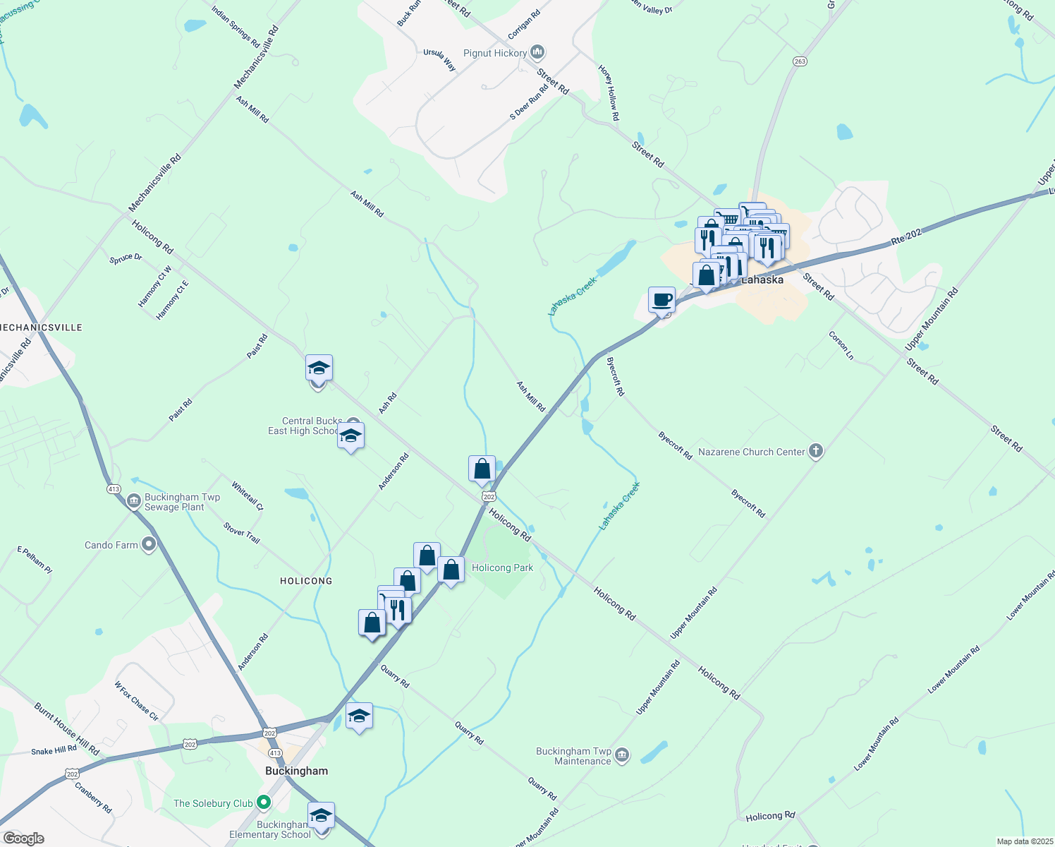 map of restaurants, bars, coffee shops, grocery stores, and more near 5358 York Road in Doylestown