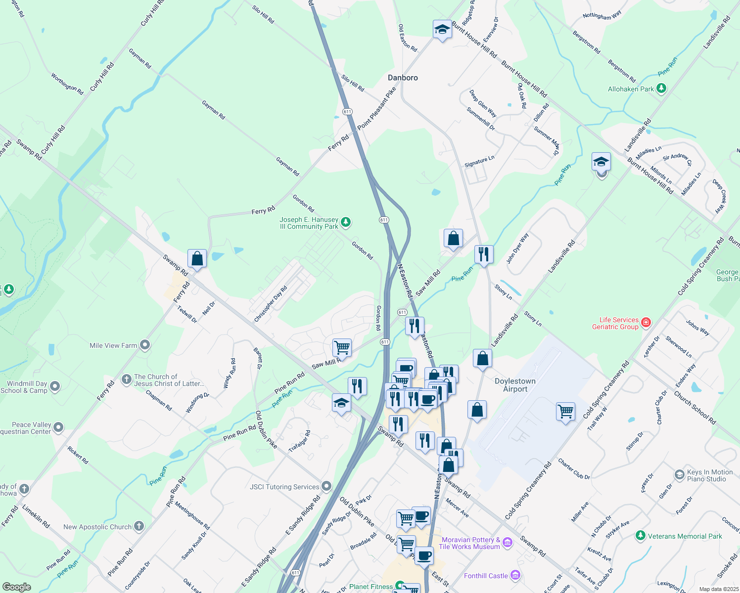 map of restaurants, bars, coffee shops, grocery stores, and more near 3798 Swetland Drive in Doylestown