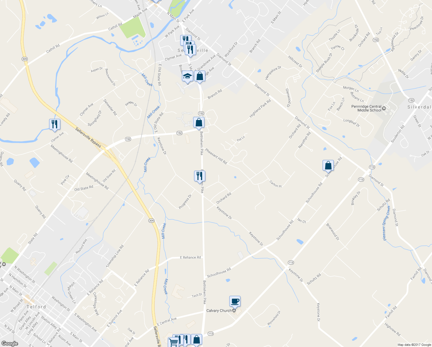 map of restaurants, bars, coffee shops, grocery stores, and more near 192 Sturbridge Court in Sellersville