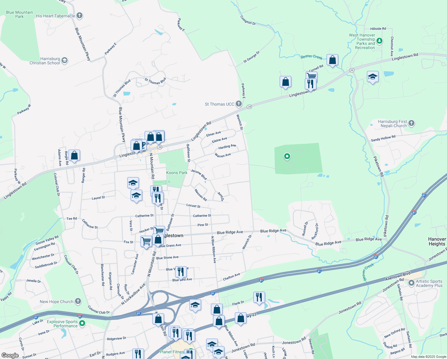 map of restaurants, bars, coffee shops, grocery stores, and more near 6225 Jerome Boulevard in Harrisburg