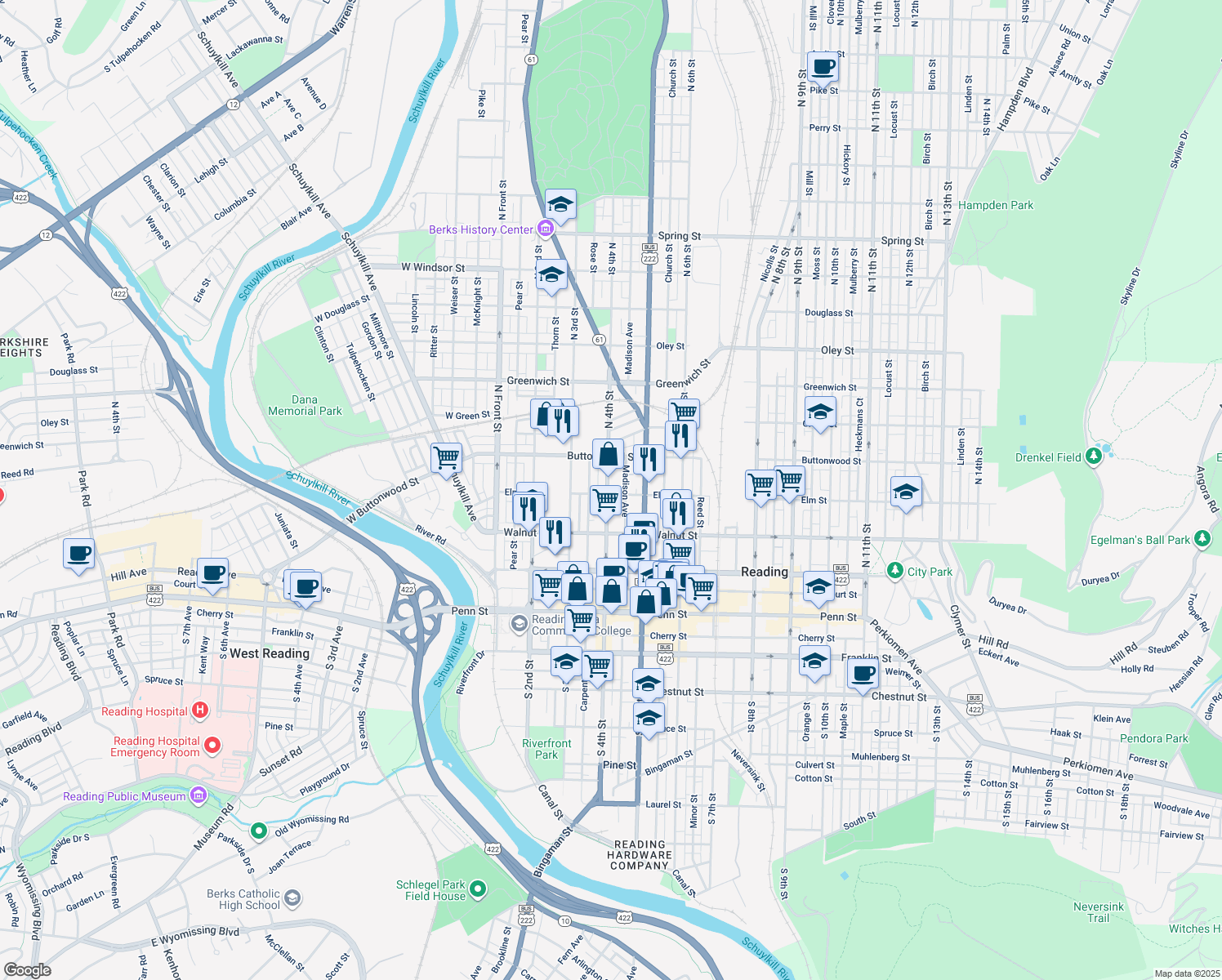 map of restaurants, bars, coffee shops, grocery stores, and more near 403 Elm Street in Reading