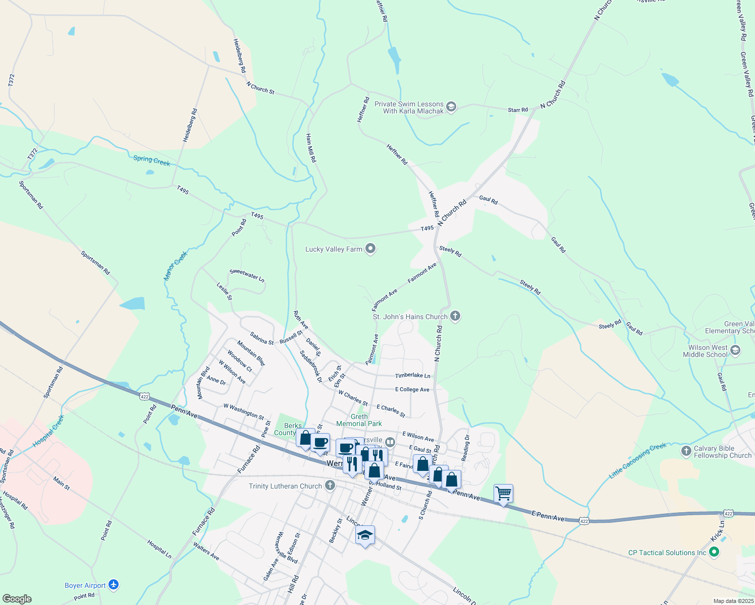 map of restaurants, bars, coffee shops, grocery stores, and more near 600 Fairmont Ave in Wernersville