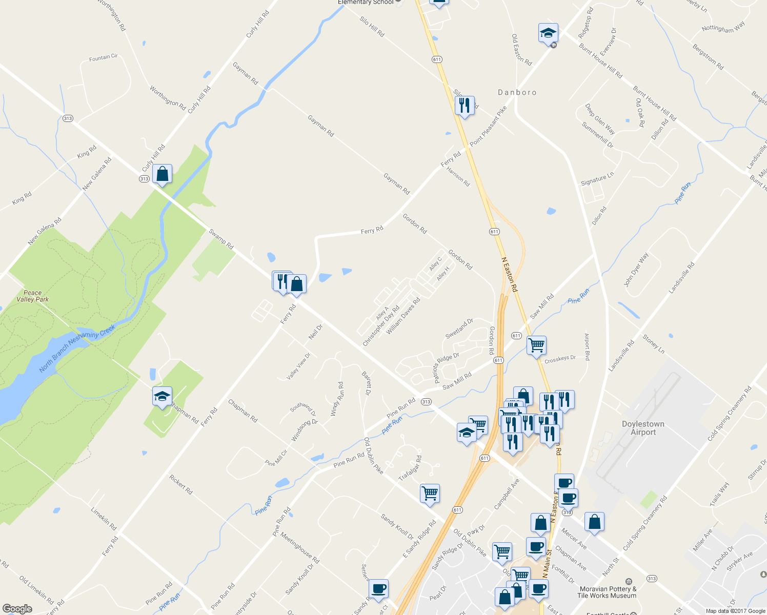 map of restaurants, bars, coffee shops, grocery stores, and more near 3730 Jacob Stout Road in Doylestown
