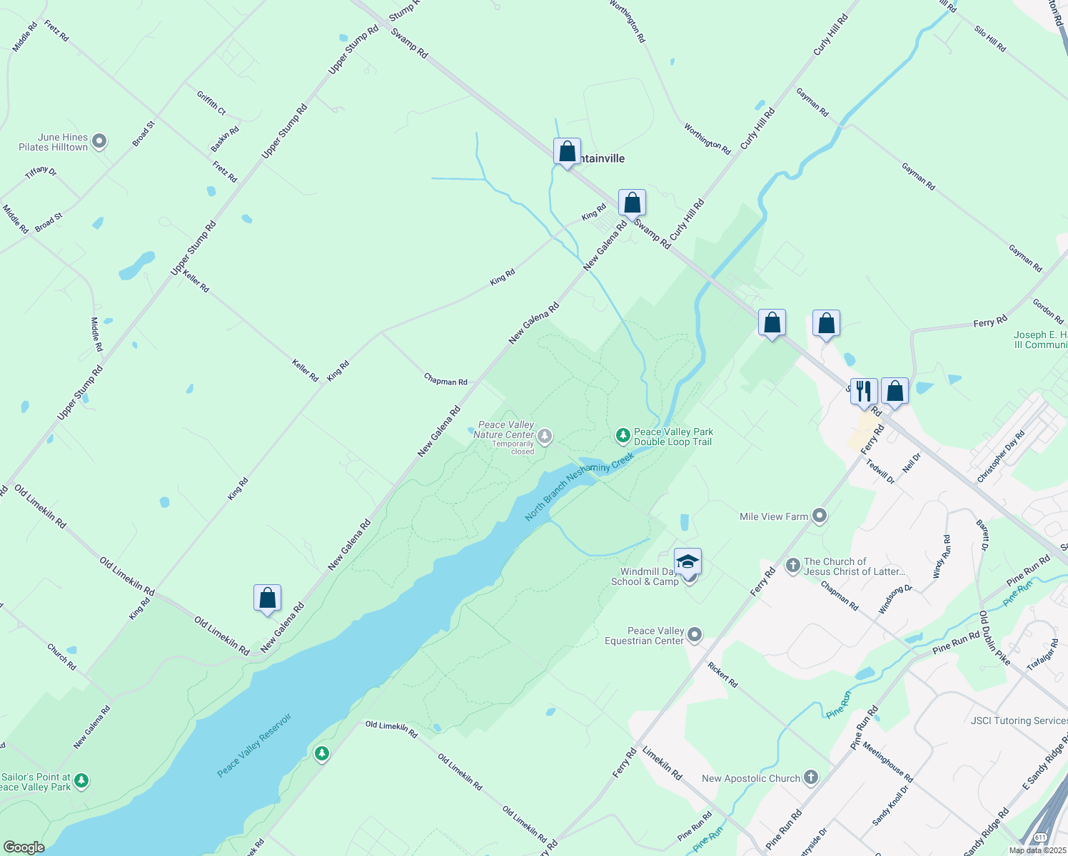 map of restaurants, bars, coffee shops, grocery stores, and more near 114 North Chapman Road in Doylestown