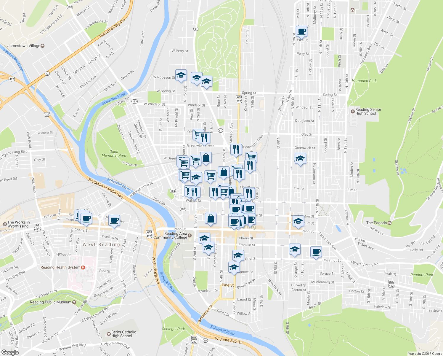 map of restaurants, bars, coffee shops, grocery stores, and more near 338 North 4th Street in Reading