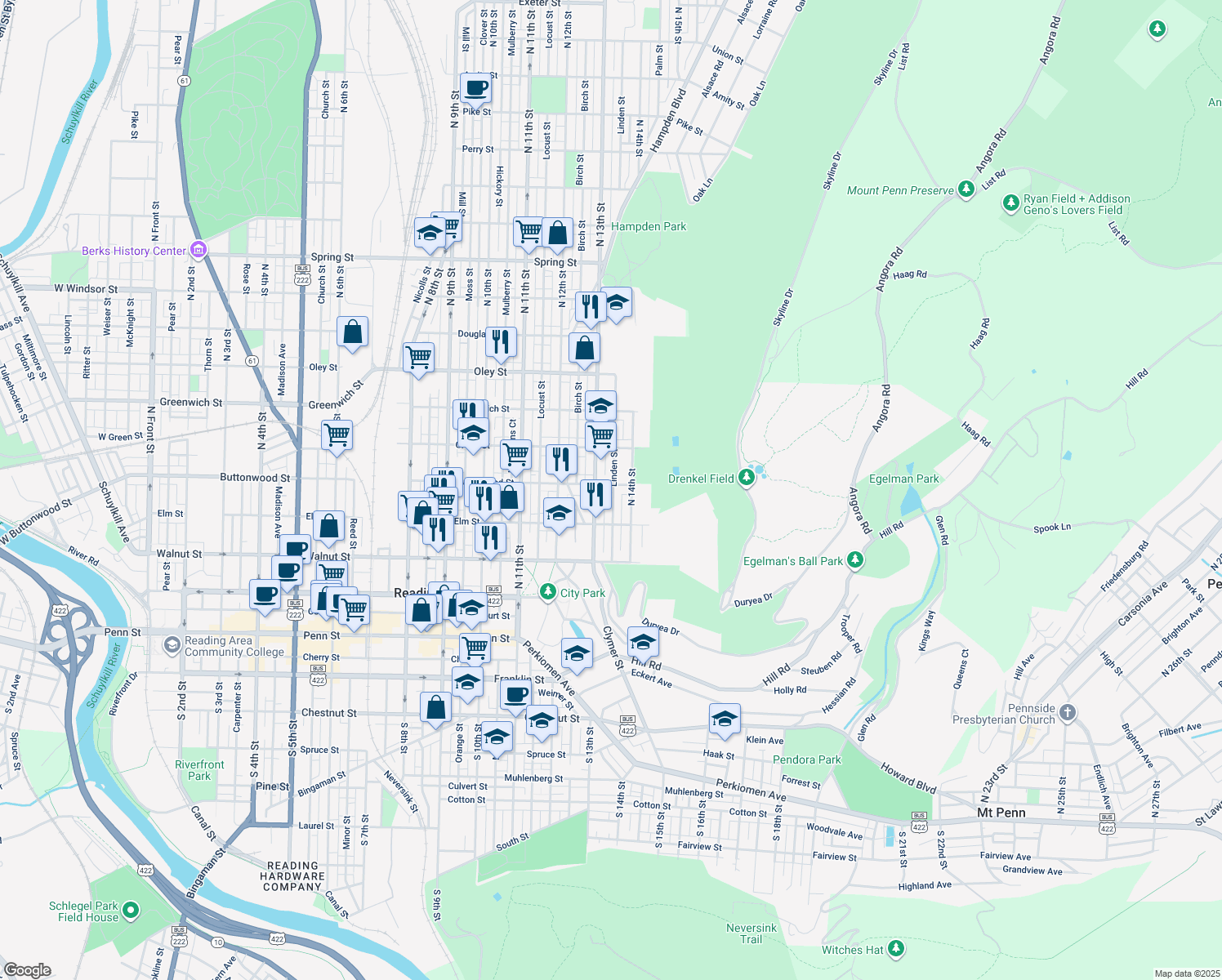 map of restaurants, bars, coffee shops, grocery stores, and more near 1320 Buttonwood St in Reading