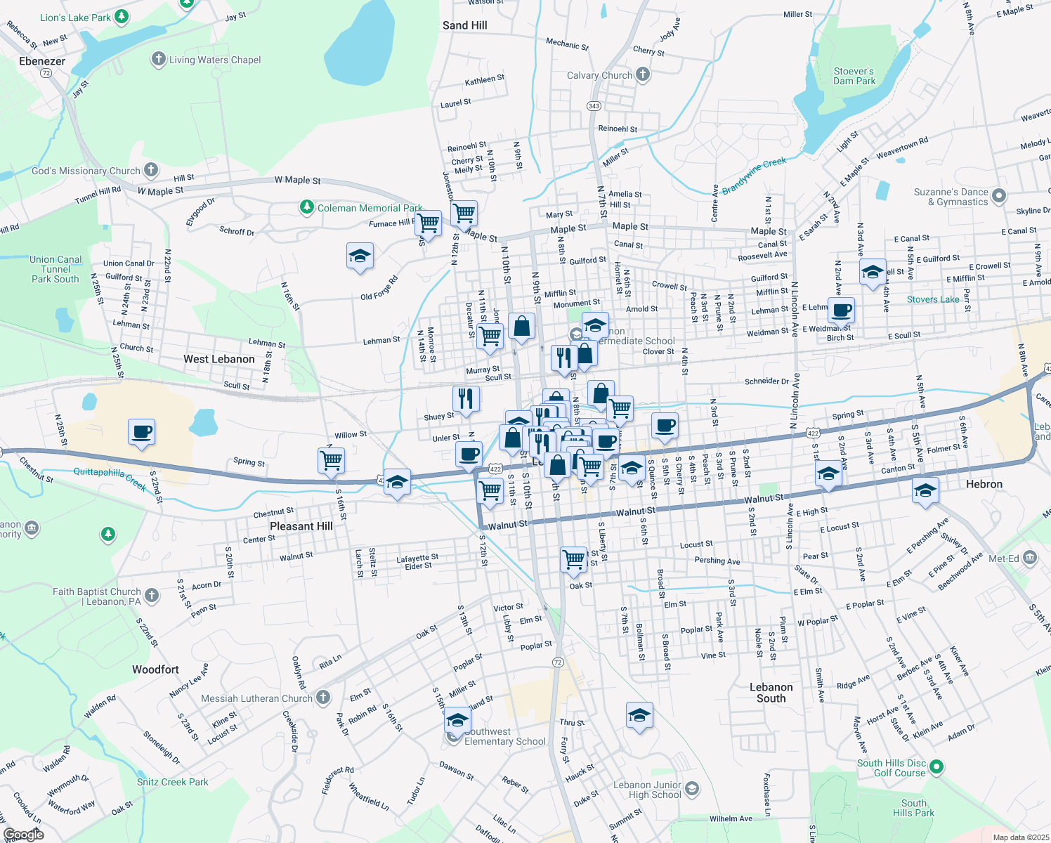 map of restaurants, bars, coffee shops, grocery stores, and more near 128 N 10th St in Lebanon