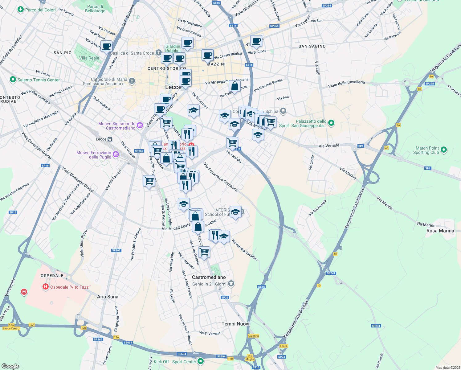 map of restaurants, bars, coffee shops, grocery stores, and more near Via Romagna in Lecce