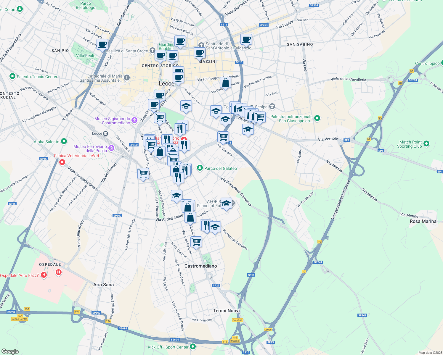 map of restaurants, bars, coffee shops, grocery stores, and more near 21-25 Via Francesco Camassa in Lecce