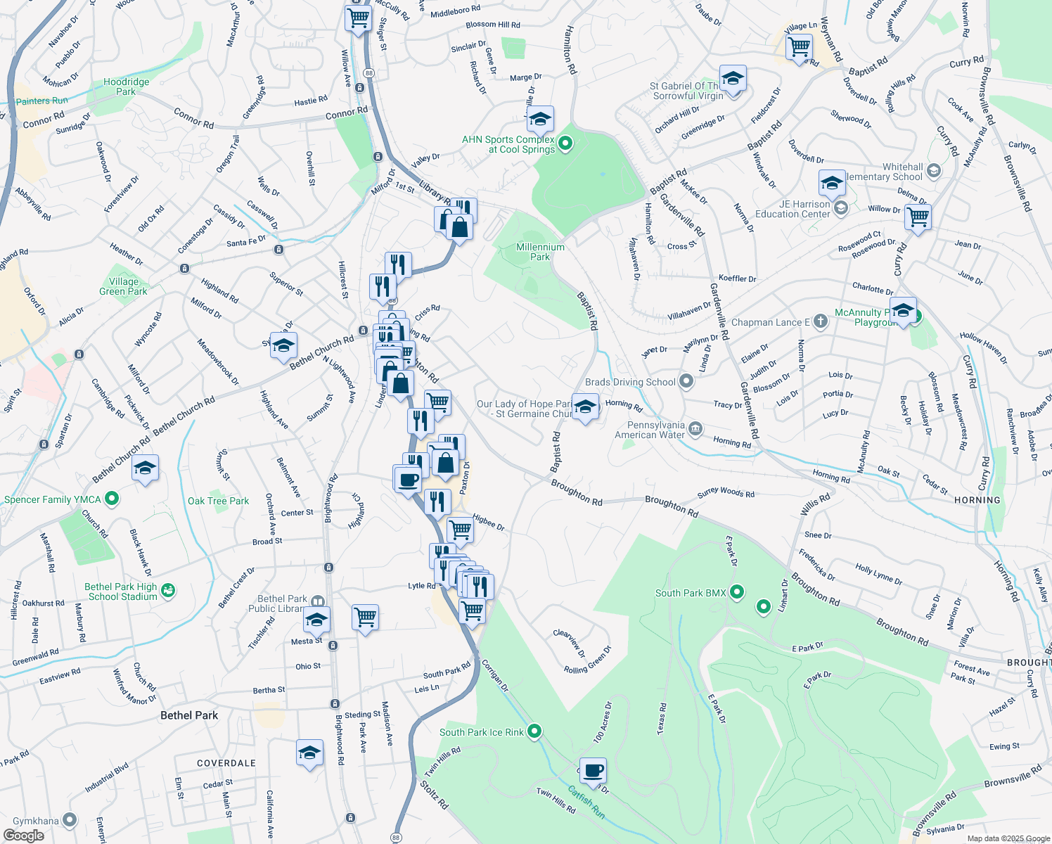 map of restaurants, bars, coffee shops, grocery stores, and more near 7016 Lawrence Dr in Bethel Park